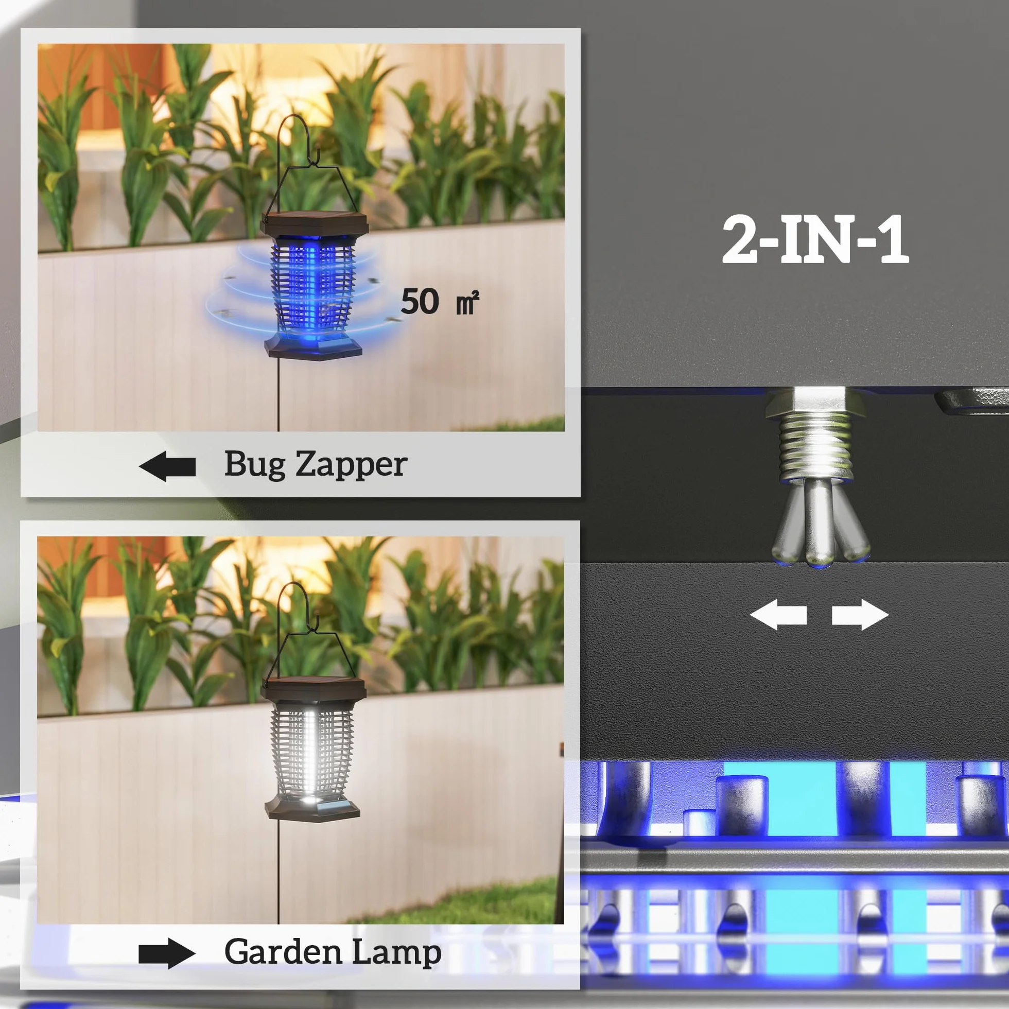 Outsunny 2-in-1 Electric Fly Zapper with UVA Light, Hanging Garden Lantern, Solar and USB-DC Rechargeable Insect Mosquito Bug Zapper, Fly Killer for Indoor and Outdoor Use, Black