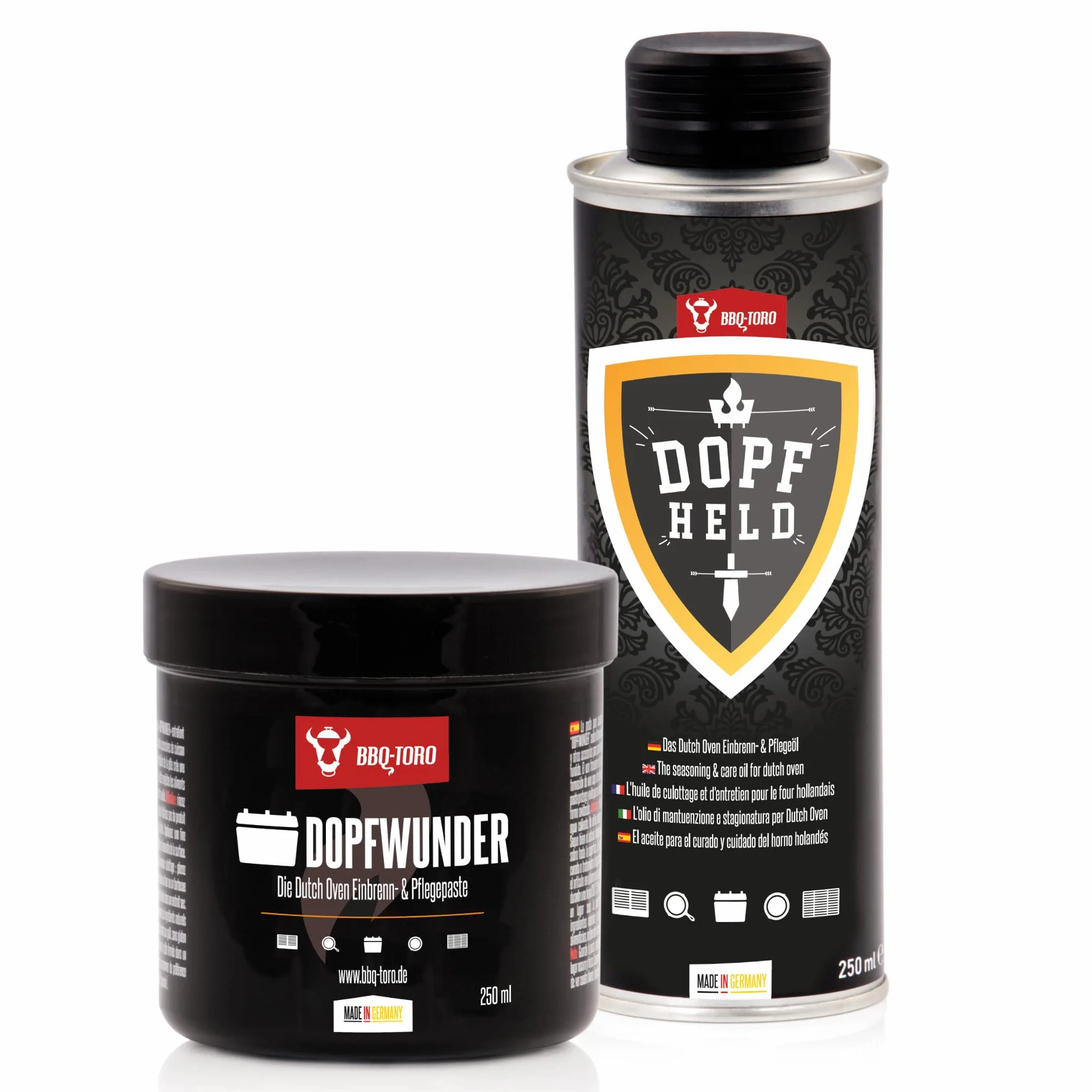 BBQ-Toro Zestaw do pielęgnacji Dutch Oven z pastą DOPFWUNDER 250 ml i olejkiem DOPFHELD 250 ml