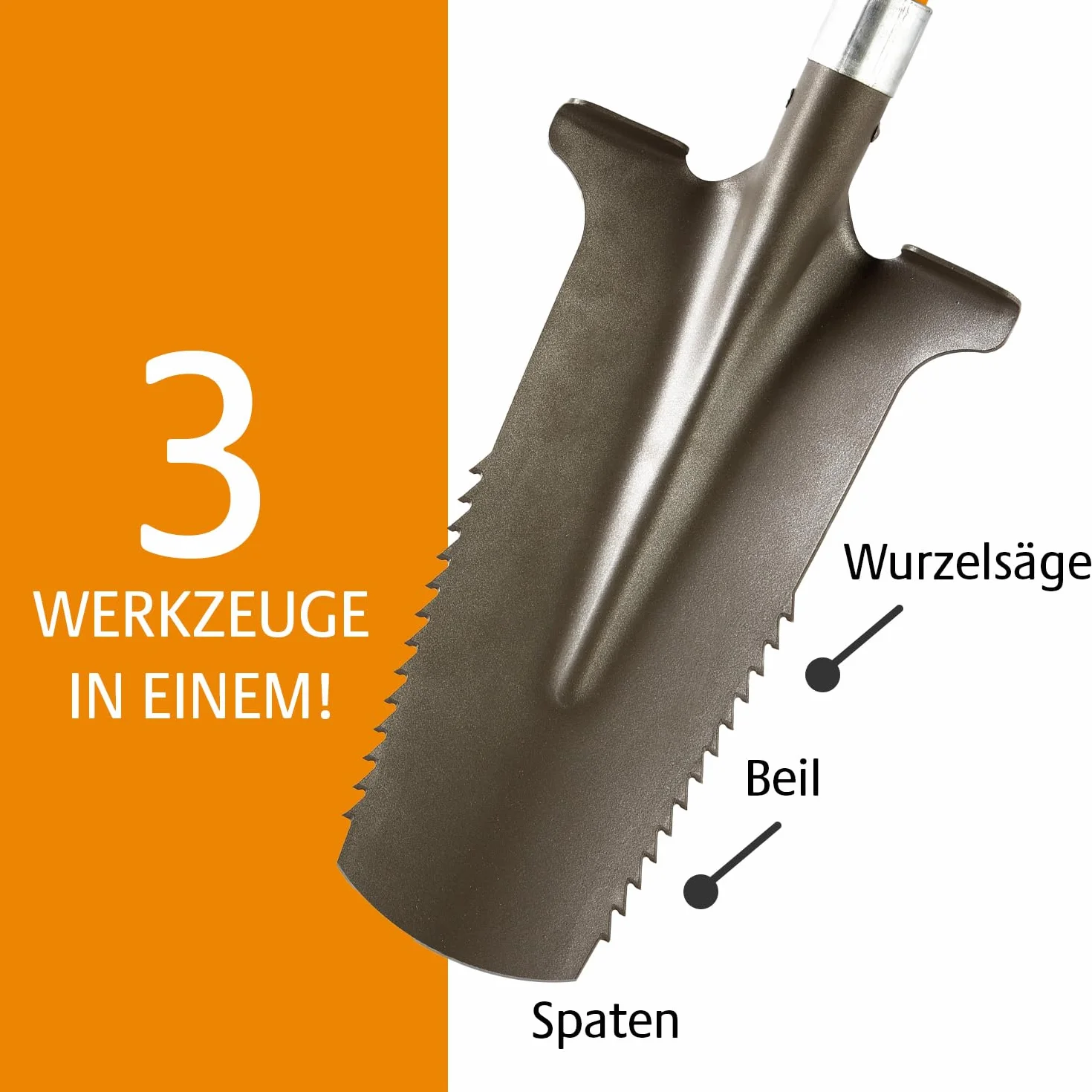 3 PAGEN® Łopata z piłą do korzeni, końcówka ze stali węglowej z ostrymi zębami, łopata ogrodnicza 114 cm, z ergonomicznym uchwytem i szeroką krawędzią do stepping - wysokiej jakości ostrze łopaty do