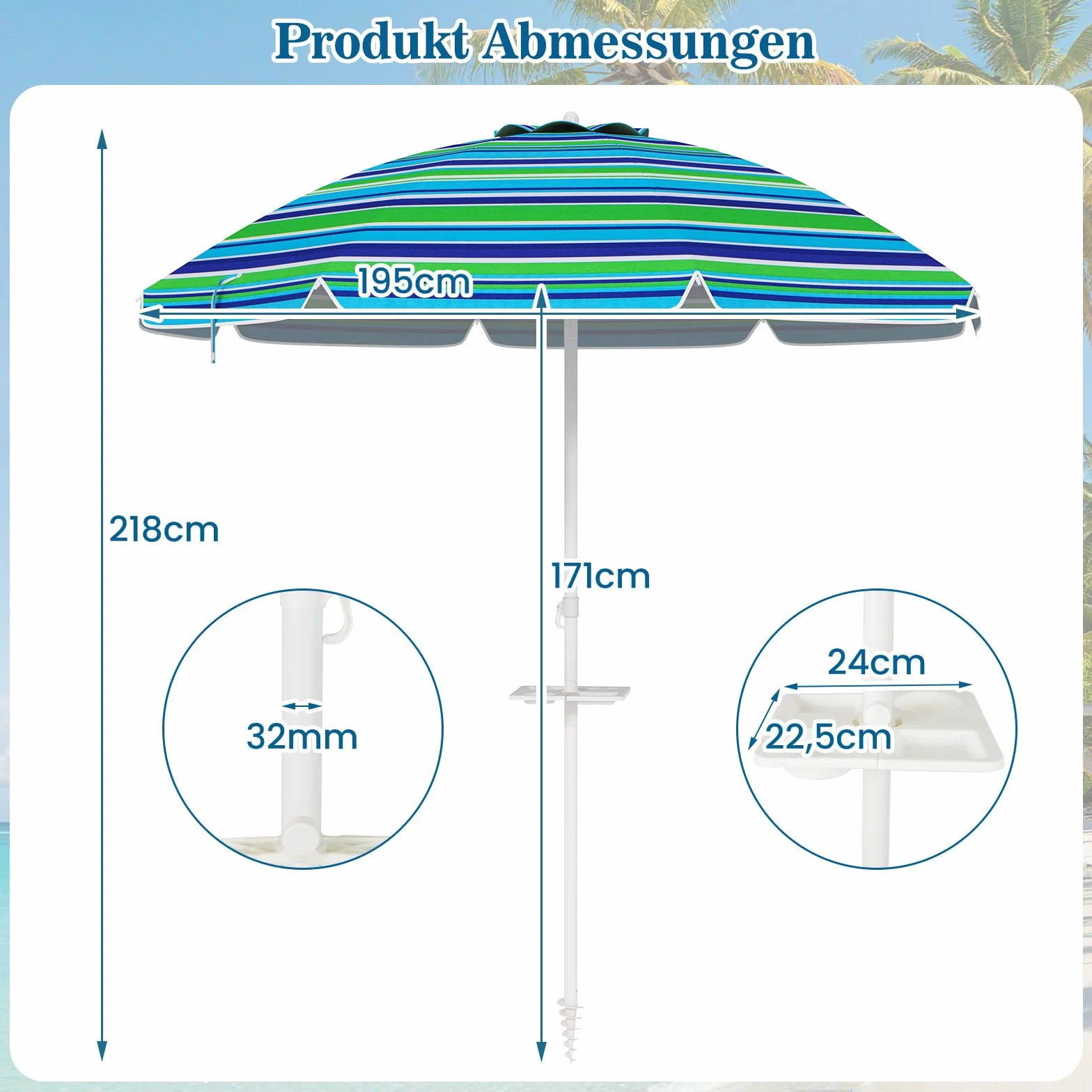 COSTWAY Parasol przeciwsłoneczny, 182 cm, odporny na wiatr, stabilny, UPF 50+, możliwość zginania w zakresie 30°, ochrona przed słońcem z ostrzem do wbijania w ziemię i torbą do przenoszenia, parasol
