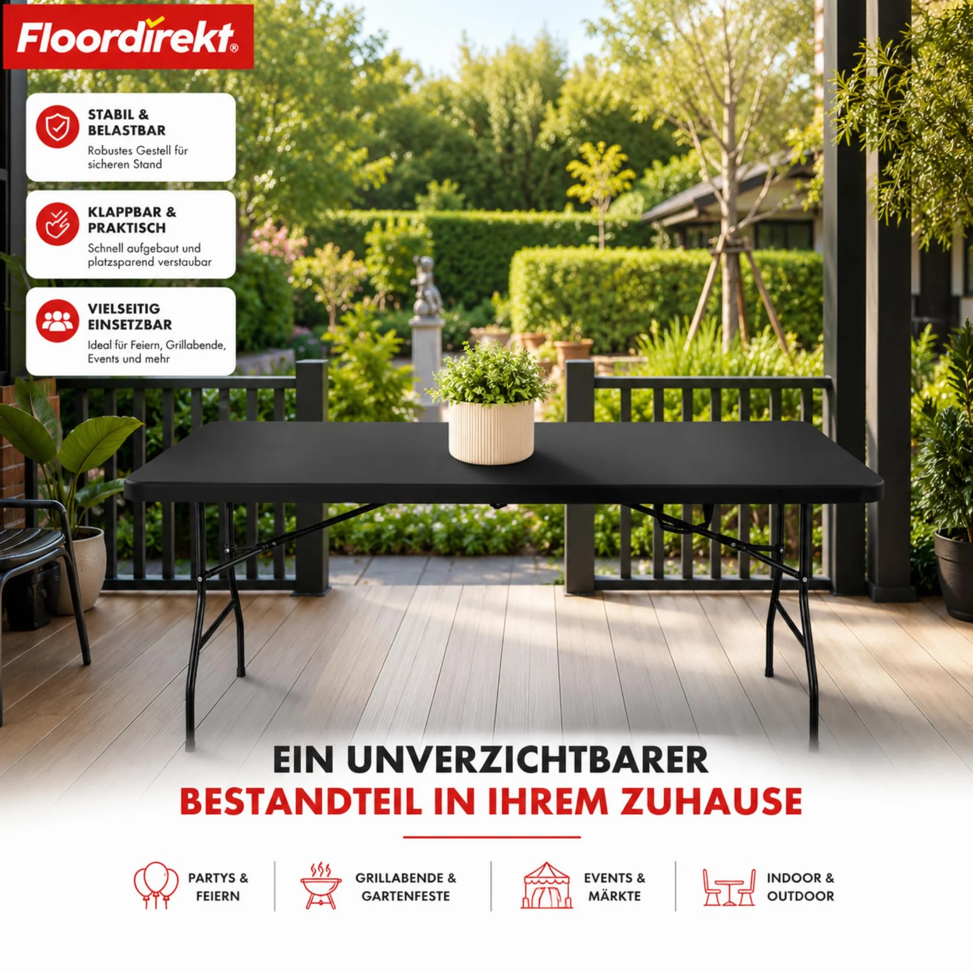 Floordirekt - Składany stół ogrodowy z tworzywa sztucznego 180 x 73 cm – stół bufetowy z uchwytem do noszenia – składany stół do ogrodu, na taras i balkon – stół kempingowy dla 6 osób (Kioto)
