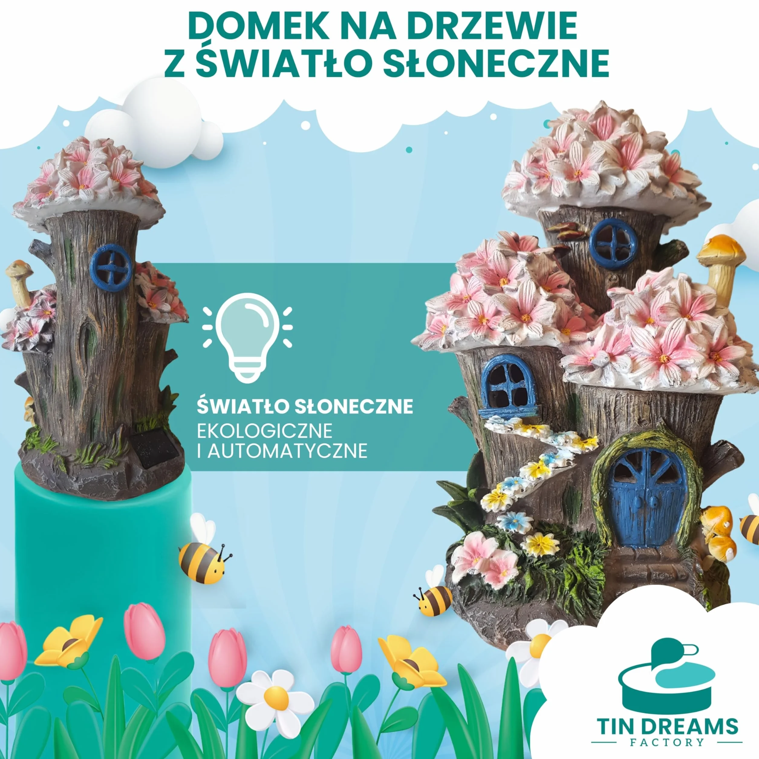 Domek na Drzewie z Zaczarowanymi Kwiatami – Zasilany Energią Słoneczną – Bajkowa Figurka do Ogrodu, Na Taras i Balkon – Magiczna Dekoracja z Automatycznym Oświetleniem LED