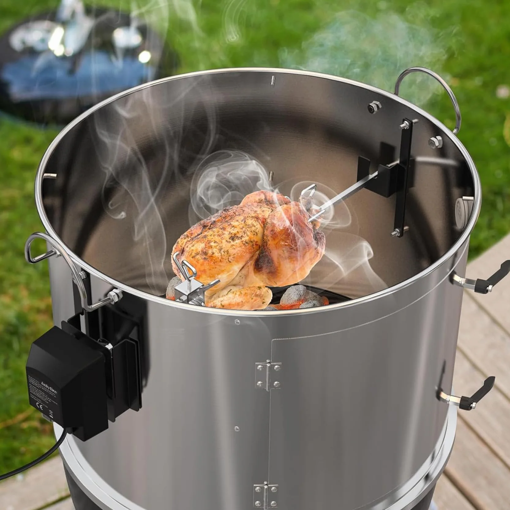 Onlyfire BRK-6099 Zestaw szpikulców do grilla ze stali nierdzewnej, rożen z silnikiem i 2 szpilki do mięsa do kuchenki Wędzarnia Grill na Węgiel Drzewny 57cm