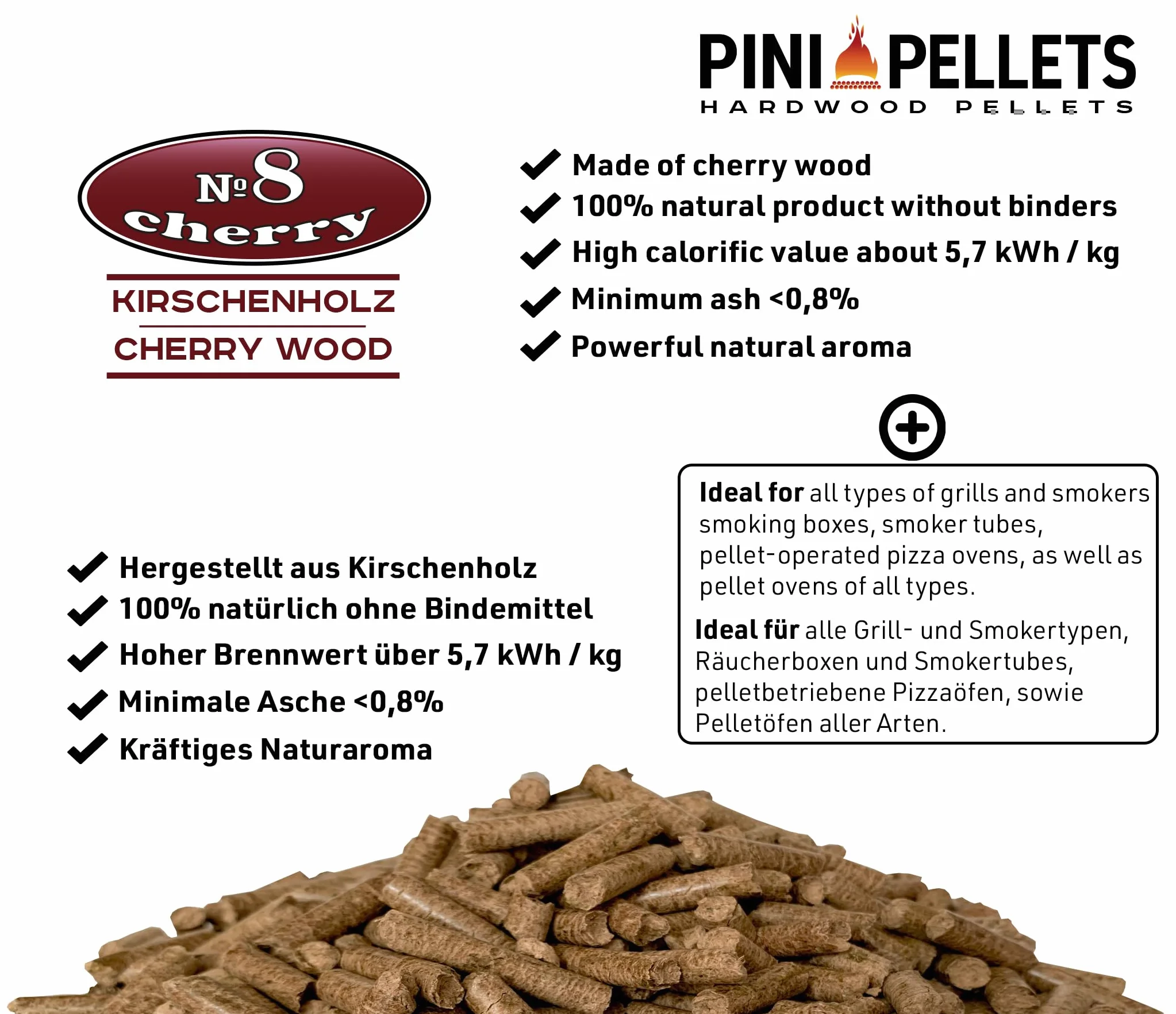 PINI Pellet grillowy № 8, wiśnia, 10 kg, pellet z twardego drewna do grillowania, wędzenia