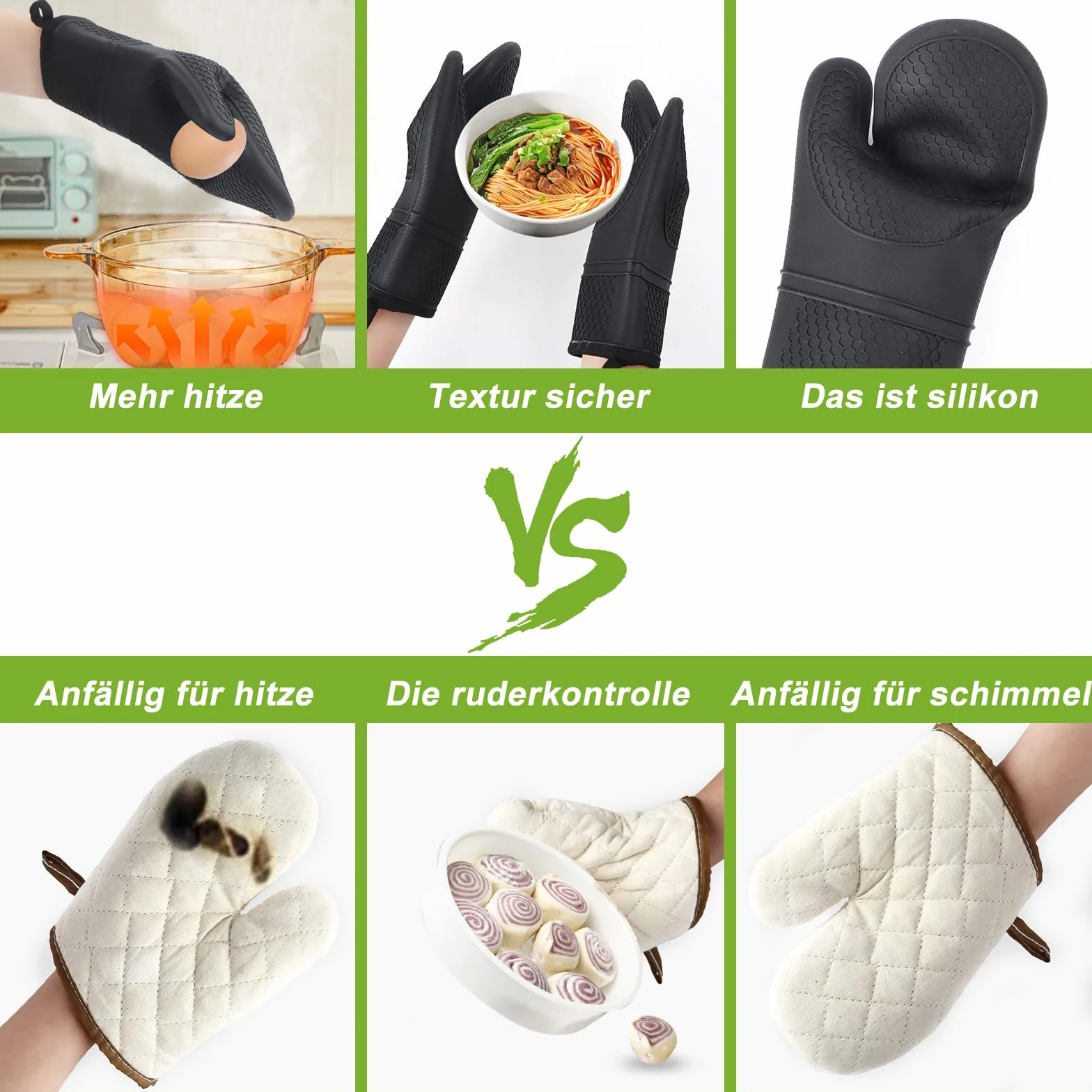 Rękawice kuchenne odporne na 300°C, 2-częściowy zestaw garnkowców z powłoką silikonową, idealne do grillowania, gotowania, pieczenia i piekarni