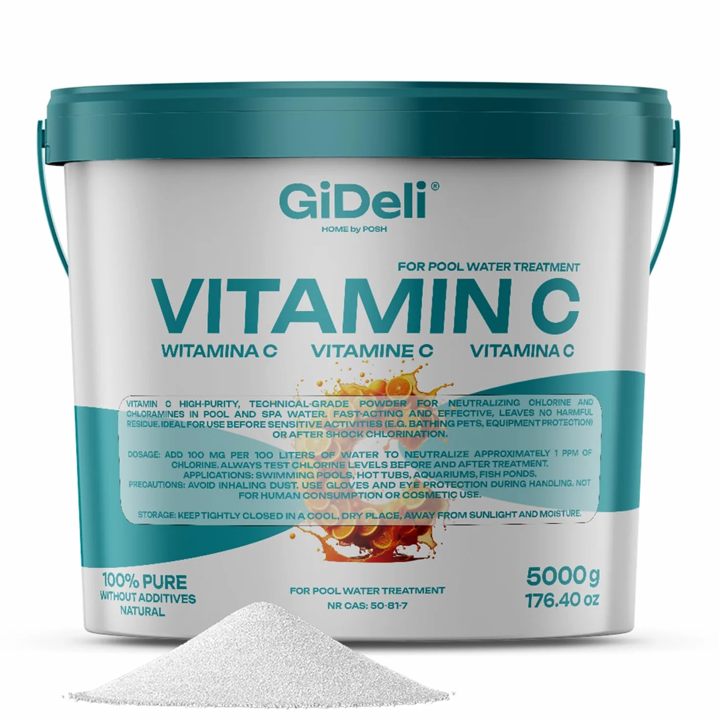 GiDeli Proszek witaminy C 5 kg, wysoka czystość do neutralizacji chloru w basenie, SPA, jacuzzi, akwarium, wodę do stawu