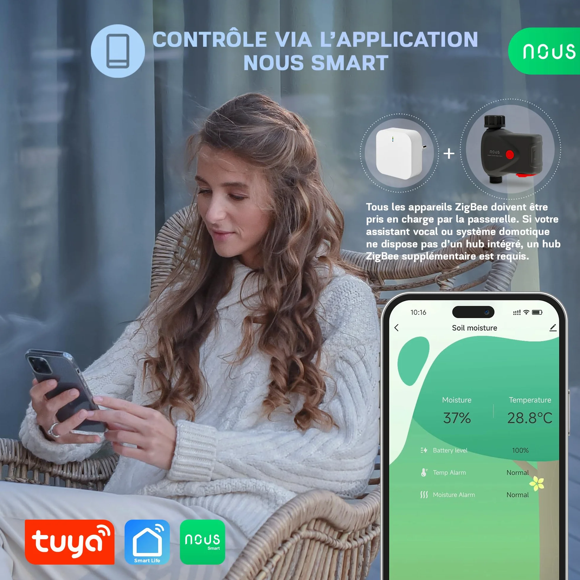 NOUS ZigBee inteligentny zawór kranowy, sterowanie nawadnianiem, IP66, kompatybilny z Alexa, Google Assistant, Smart Life, timerem i pilotem zdalnego sterowania z aplikacją, zasilanie bateryjne, 3/4