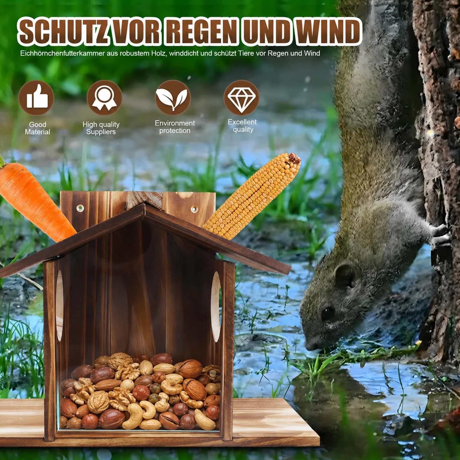 Karmnik dla wiewiórek z drewna odporny na warunki atmosferyczne domek z powłoką oleju lnianego