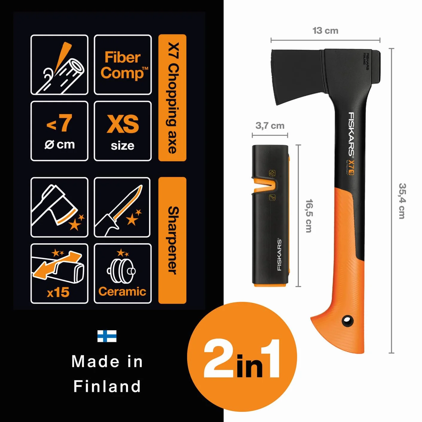 Fiskars X-Series Zestaw Siekiery z Ostrzałką, Czarny/Pomarańczowy, X7-XS