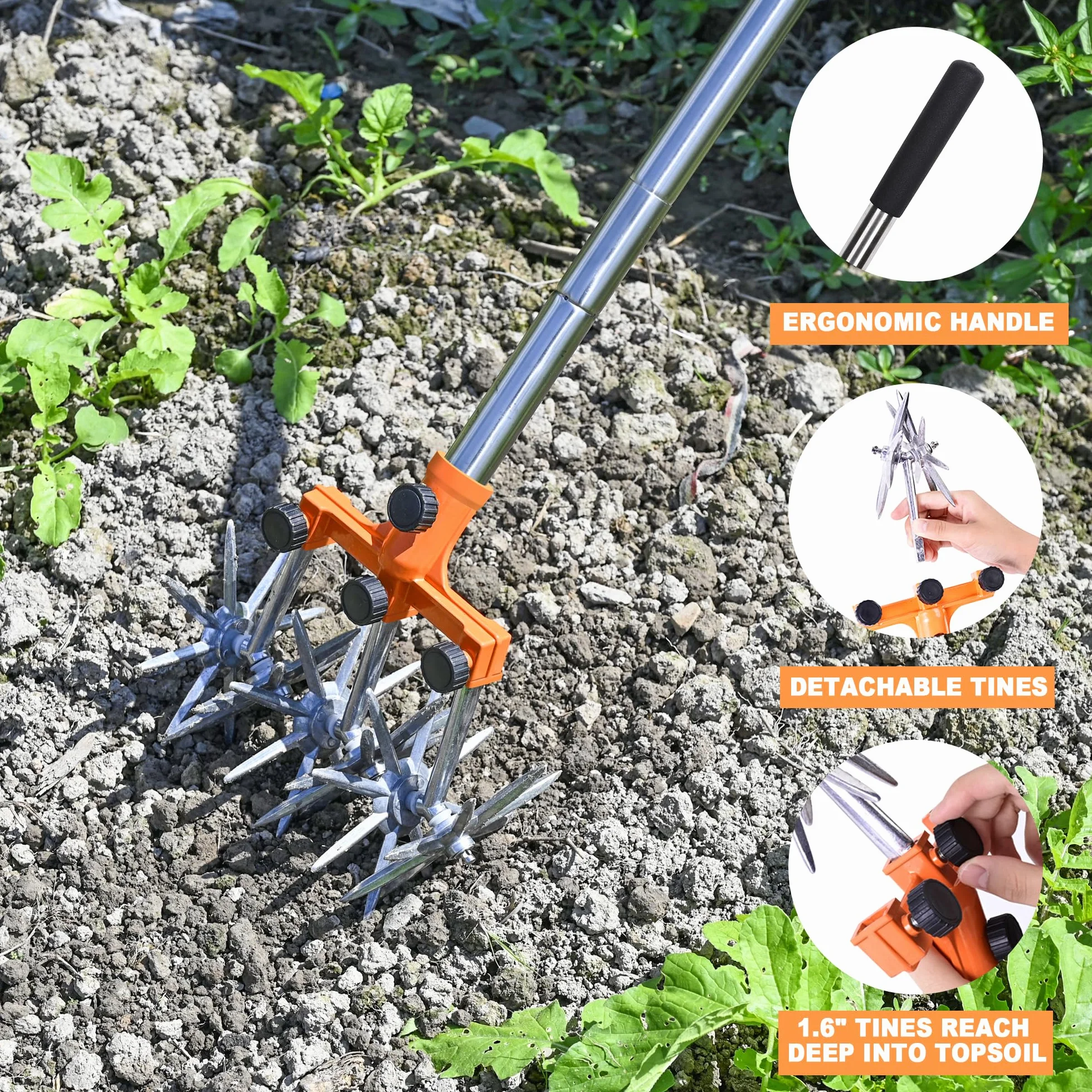 BARAYSTUS Rotary Cultivator Garden Rotary Tiller regulowany drążek ze stali nierdzewnej do mieszania gleby lub reseedingu trawy, całkowita długość 145 cm.