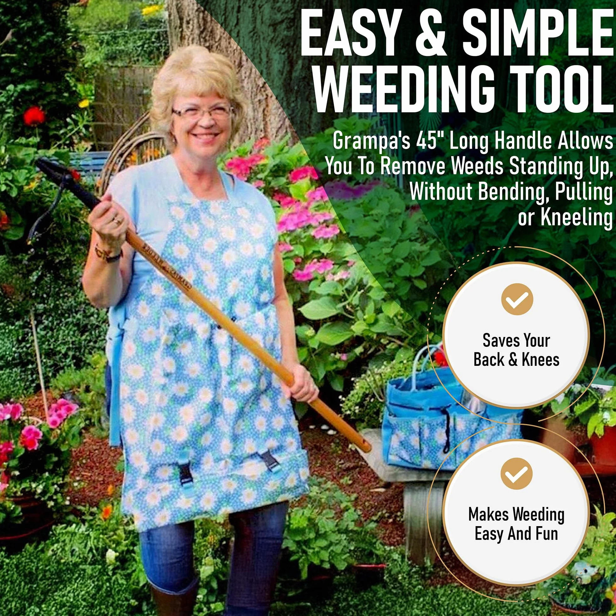 Grampa's Weeder - Oryginalne narzędzie do wyciągania chwastów z długim uchwytem - wykonane z prawdziwego bambusa i 4-pazurowej stalowej głowicy - łatwe usuwanie chwastów bez zginania, ciągnięcia lub