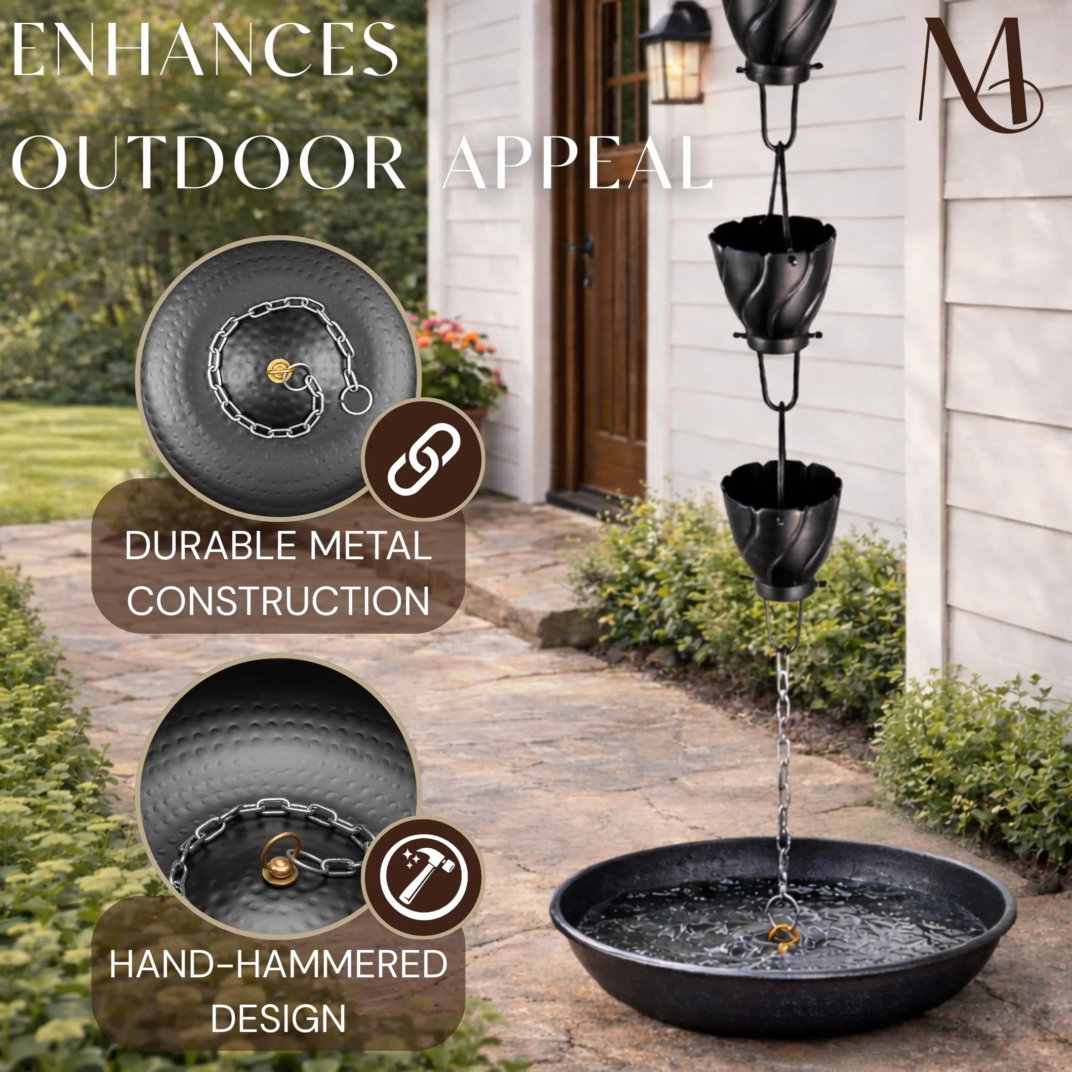 Monarch Rain Chains Umywalka 38 cm, ręcznie młotkowany, łańcuch deszczowy, rynny odpływowe, do ogrodu, trawnika i na patio, średnica 38 cm, czarny matowy