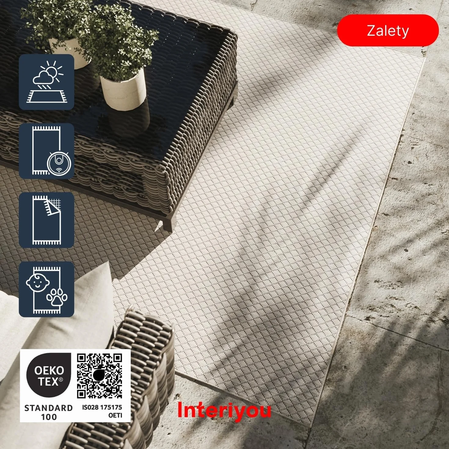 Interiyou dywan zewnętrzny Lome - 140x200 cm Biały - Geometryczny wzór, odporny na warunki atmosferyczne, balkon, taras, ogród, kuchnia, odporny na promieniowanie UV, płaski splot