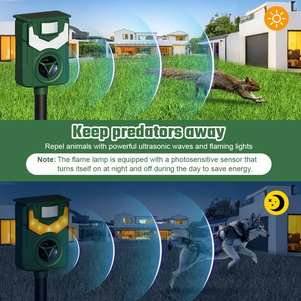 AOOWU Ultradźwiękowy odstraszacz kotów, 5 trybów pracy, solarny odstraszacz kotów, solarny odstraszacz zwierząt, odstraszacz kotów do ogrodu, wodoszczelny odstraszacz kretów z oświetleniem LED dla
