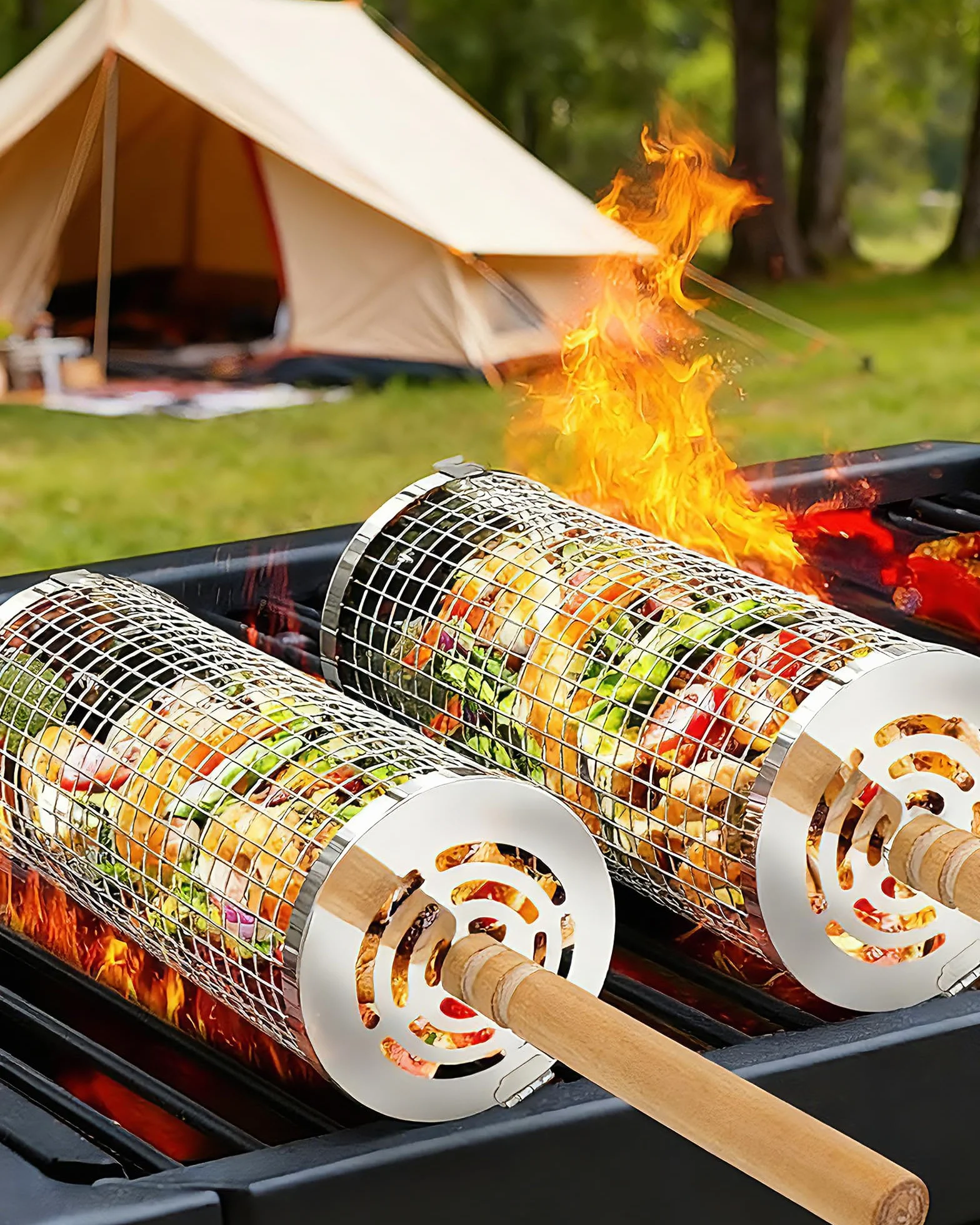 2-szt Rolling Grilling Kosz z drewnianym uchwytem a30×10cm mih29×9cm Nesting Rolling Grilling Kosz Zestaw do grillowania zewnętrznego