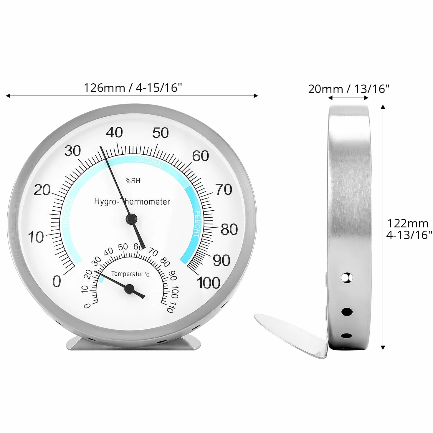 QWORK Termometr i higrometr wewnętrzny 12,5 cm, stal nierdzewna, bez baterii