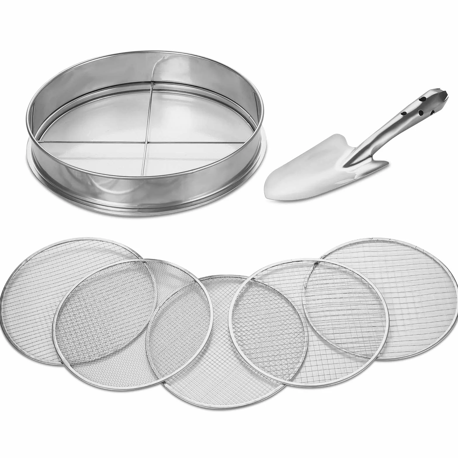 Johgee Sitko ogrodowe, 5 siatek ogrodowych, sito do ziemi ze stali nierdzewnej, rozmiary siatek 12 mm, 10 mm, 9 mm, 6 mm. 3 mm, 1 łopatka, narzędzia ogrodowe do ziemi i kamieni