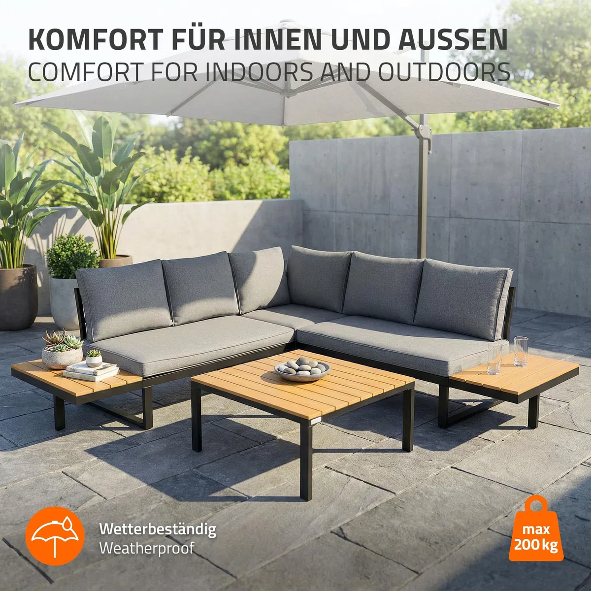 ML-Design Zestaw mebli ogrodowych 3-czesciowy narozny komplet wypoczynkowy taras balkon ogród sofa modulowa szara imitacja drewna poduszki stolik kawowy wodoodporny odporny na warunki atmosferyczne