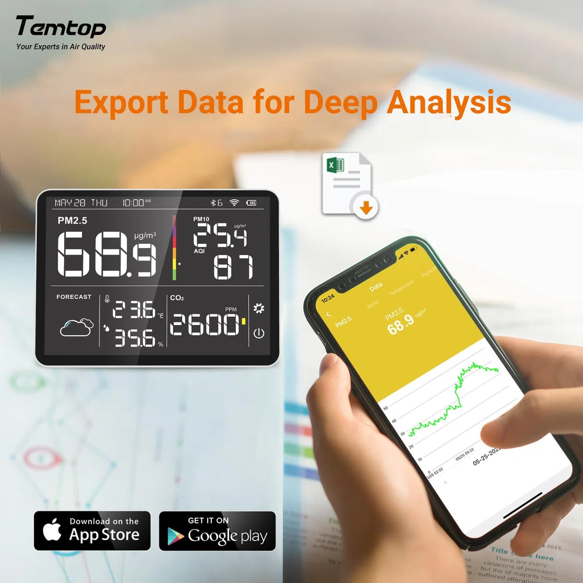 Temtop M100-UP Stacja pomiarowa jakości powietrza, 2.4G WLAN Bluetooth termometr z aplikacją, 8-w-1 urządzenie do pomiaru jakości powietrza (PM2.5/CO2/Temperatura/Wilgotność)