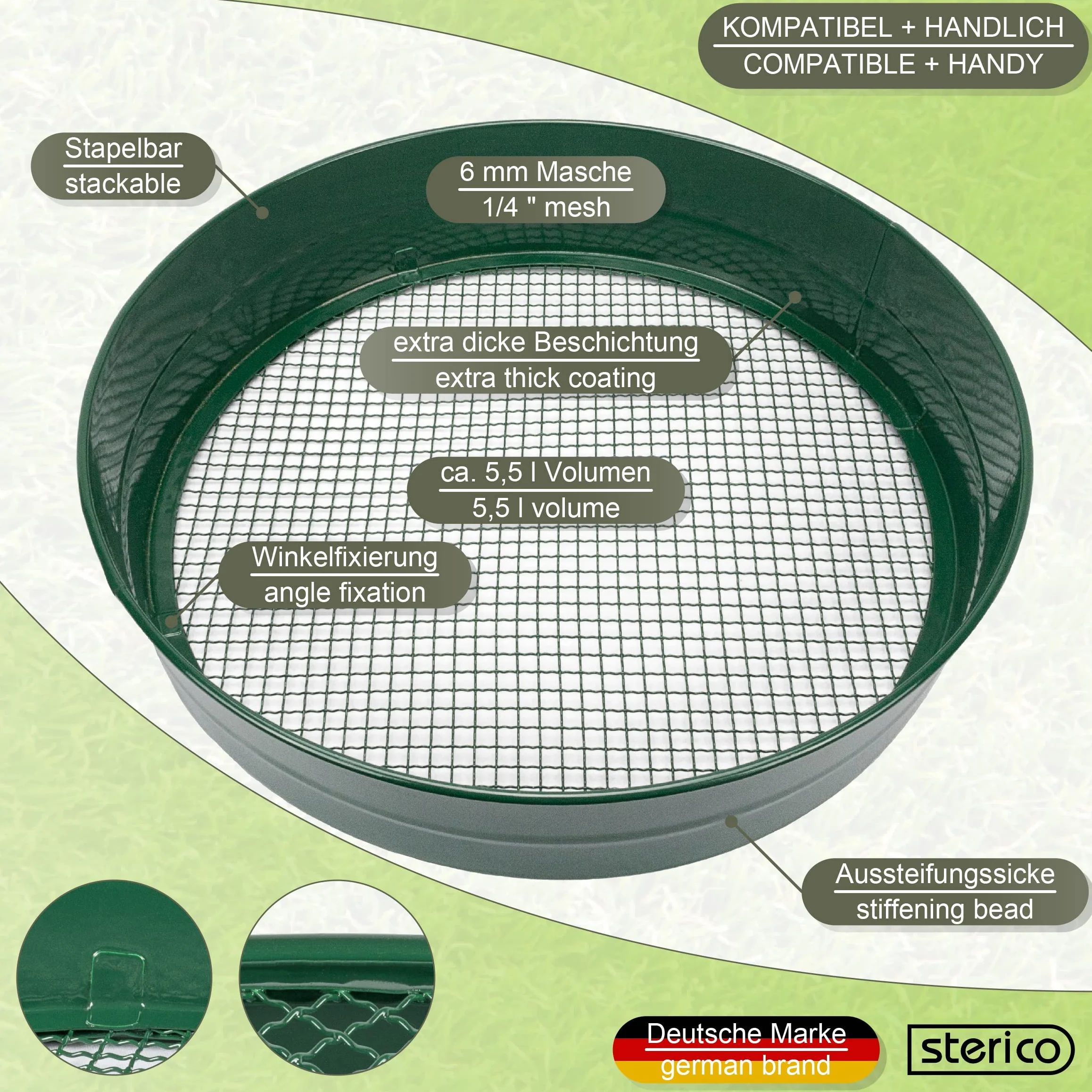 Sterico Sitko ogrodowe w różnych rozmiarach, okrągłe Ø 33 cm do nasion, ziemi, kompostu, kamieni, chwastów, kruszonego kamienia, układania w stosy, wytrzymałe (6 mm)