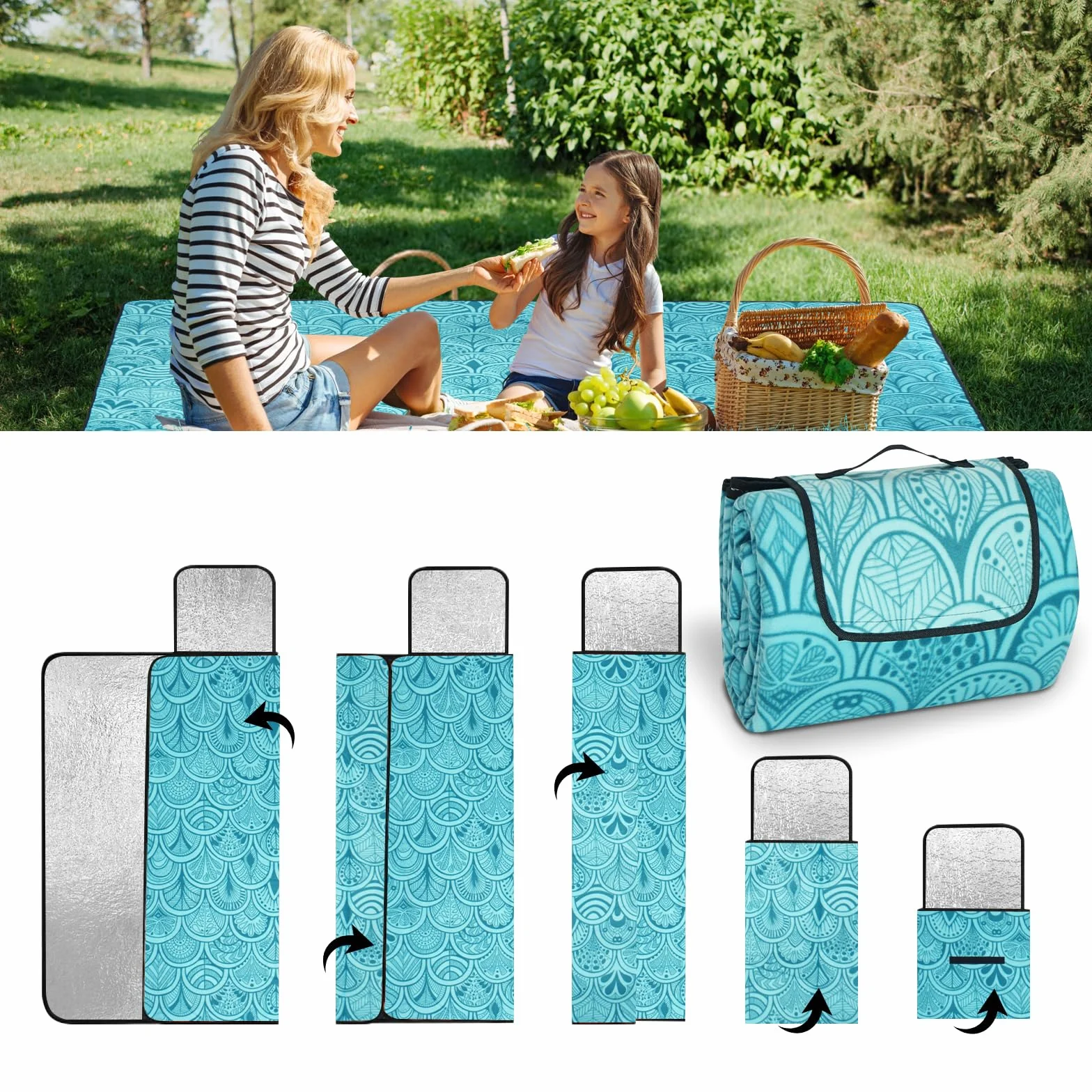 Wodoodporny koc piknikowy 200x200CM - miękki koc z aluminiową podstawą,lekki i składany na plażę,kemping,na zewnątrz