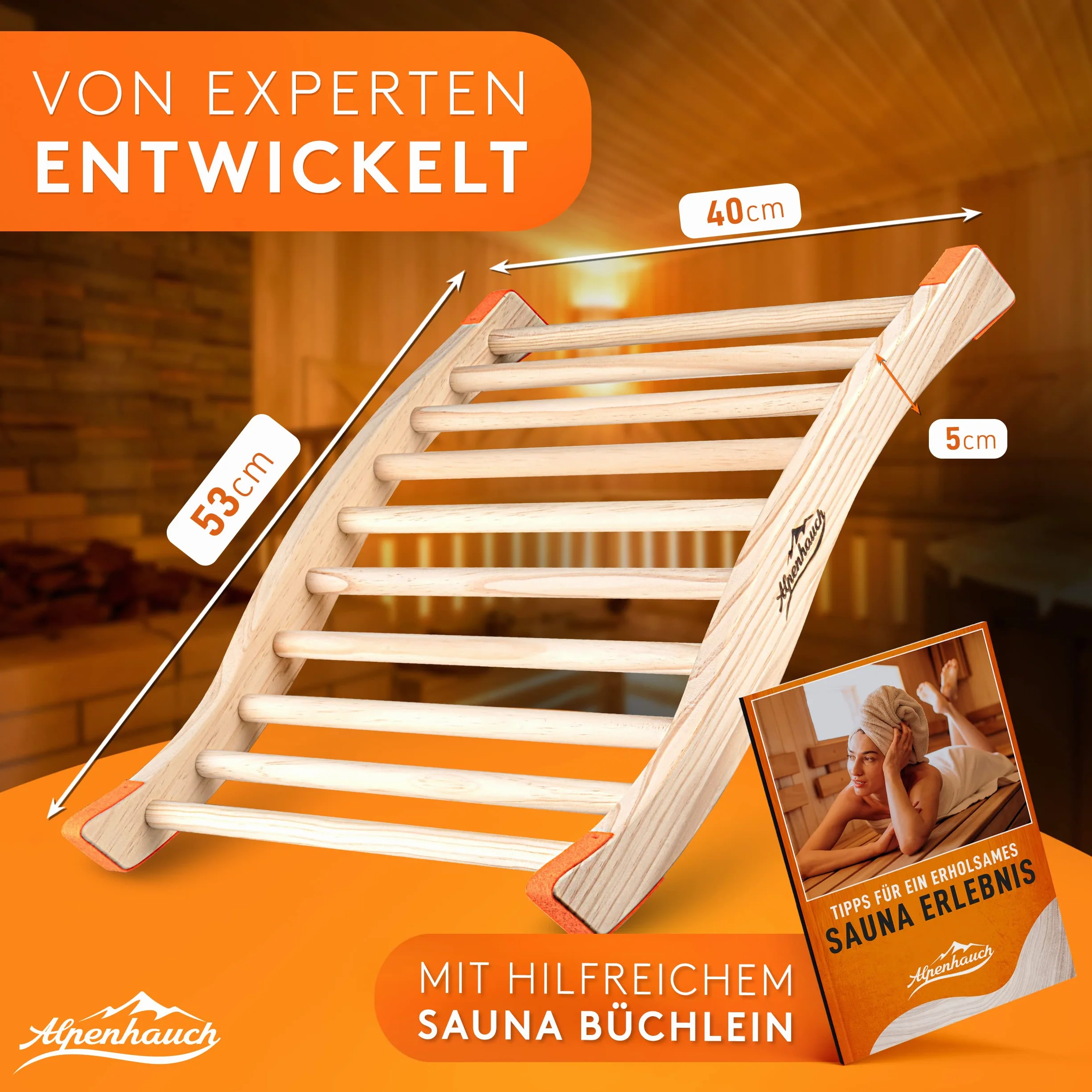 ALPENHAUCH Oparcie do sauny [wykonane w 100% z naturalnego drewna] – ergonomiczne oparcie z zakrzywionym kształtem S – szlachetne akcesoria do sauny, kabina na podczerwień – wygodne oparcie kabina na podczerwień – idealne dopasowanie