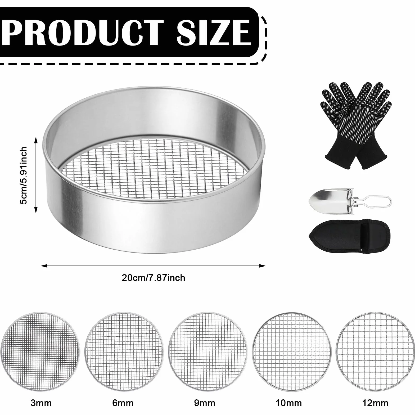 Sito ogrodowe ze stali nierdzewnej, 5 w 1, 20 cm, okrągłe sitko ogrodowe z 5 wymiennymi wkładkami sitkowymi Ø 3/6/9/10/12 mm, sito 5000, metal zabezpieczony przed rdzą, do ziemi, kamieni, kompostu