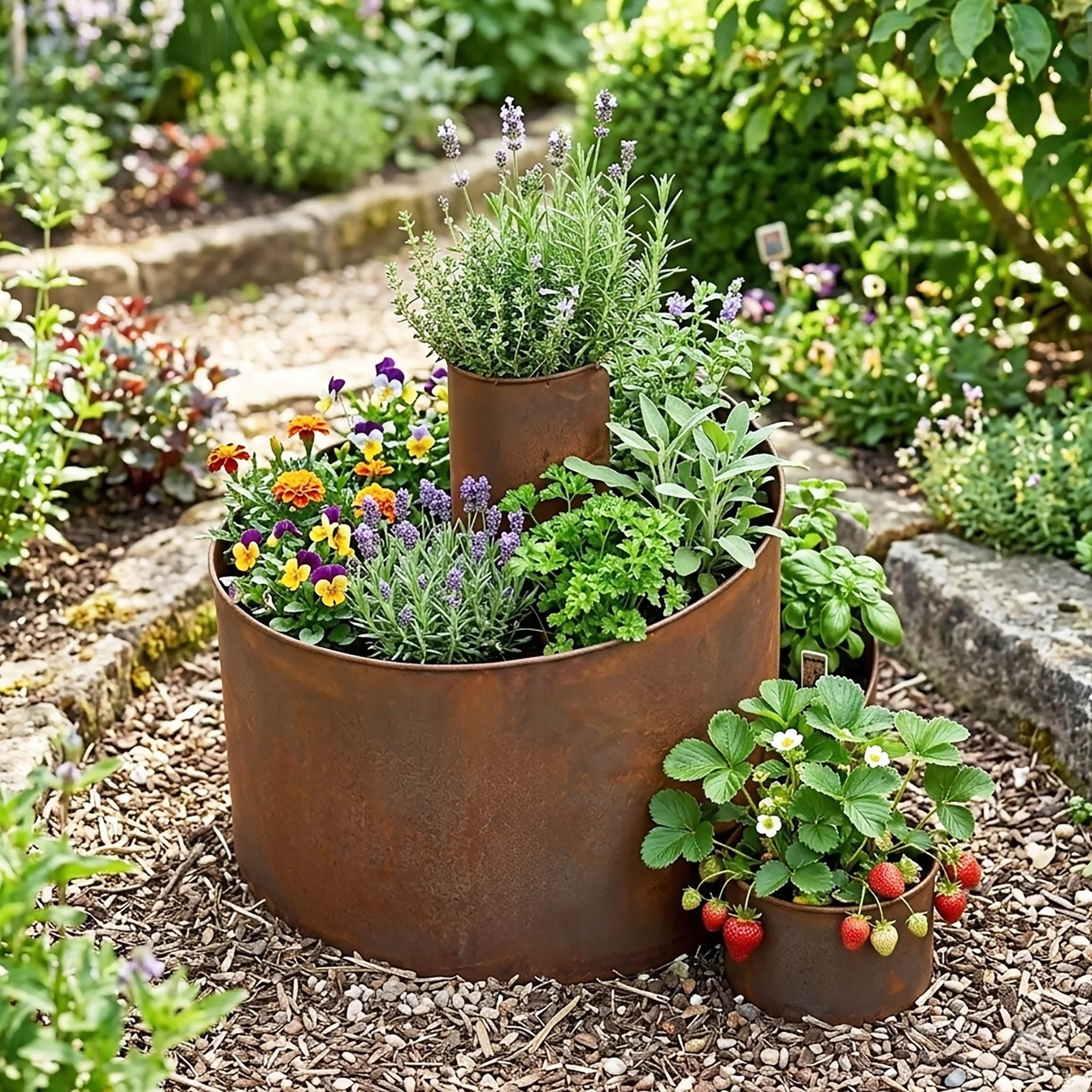 Spetebo Spirala ziołowa z żelaza Edelrost 3 poziomy 58 x 43 cm metalowy ślimak ziołowy naturalnie rdzawy 5 komór do sadzenia dekoracja ogrodowa