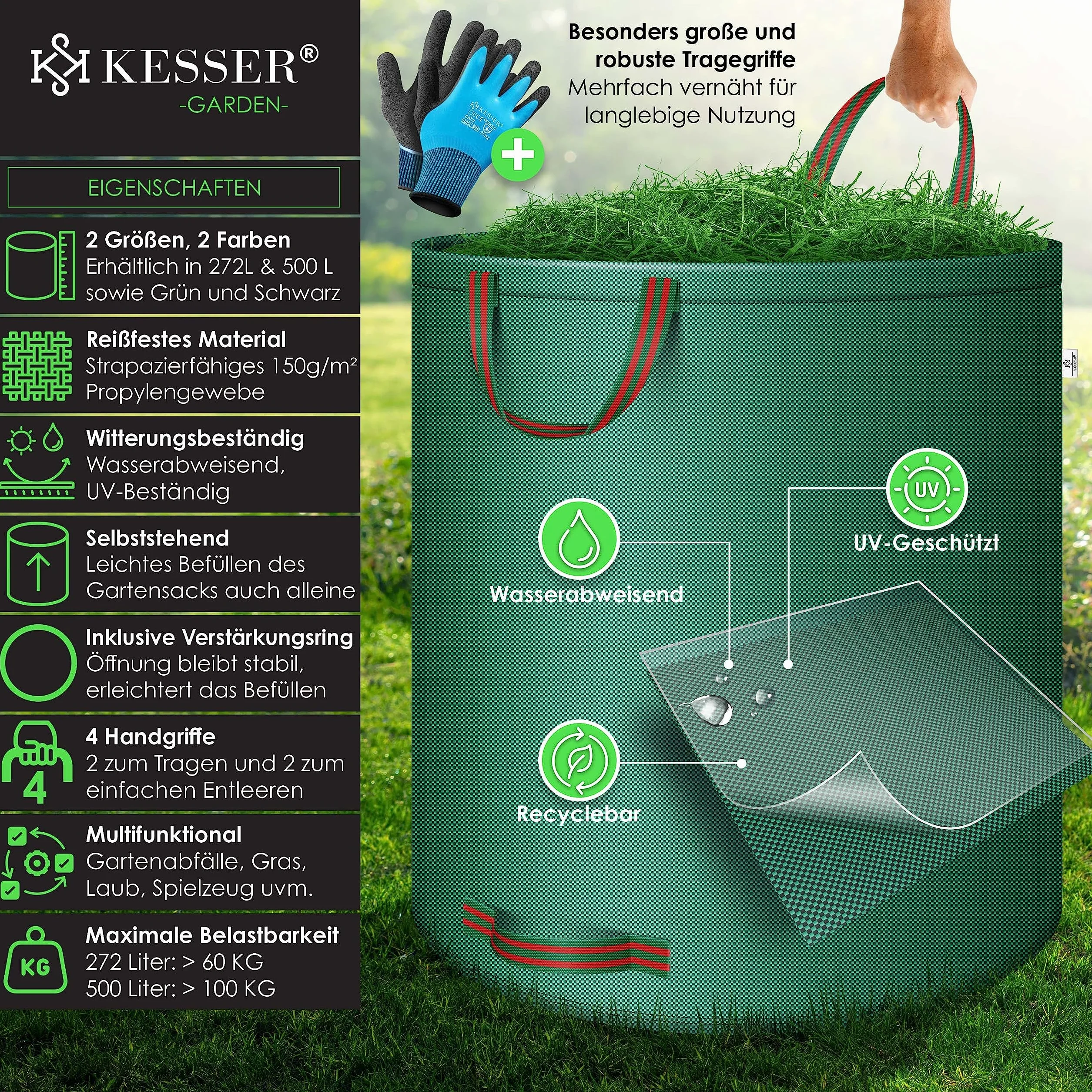 KESSER® Worek ogrodowy, 6 x 500 l, worek na odpady ogrodowe, worek na odpady ogrodowe, w zestawie z rękawicami – wolnostojący, 4 uchwyty, stabilny, wytrzymały i składany – worki na liście do cięcia