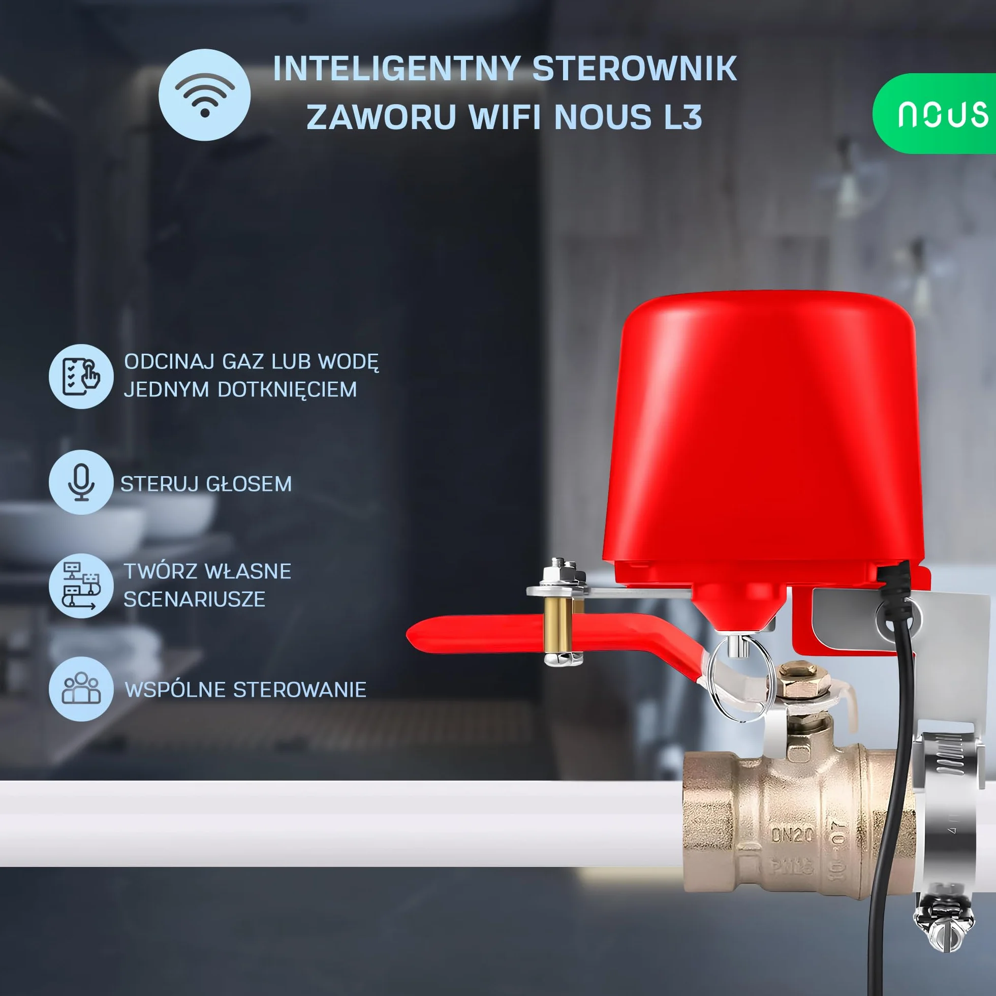 Elektryczny zawór wody NOUS L3 Wifi, kompatybilny z Google Assistant, Amazon Alexa, NOUS Smart Home App, Tuya smart life, czasowy zawór wody do podlewania ogrodu WLAN, WiFi 2,4 GHz