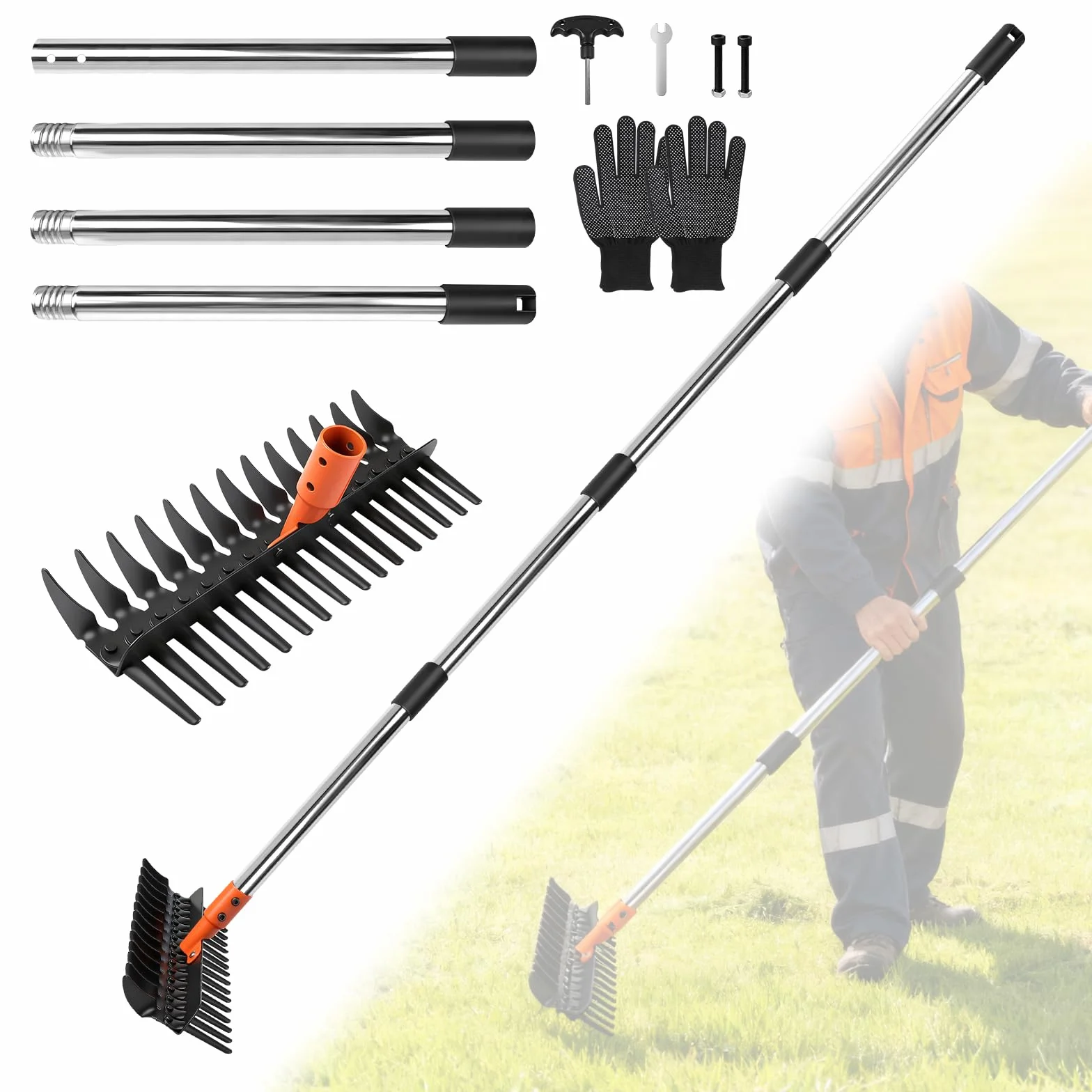Grabie ogrodowe z trzonkiem regulowana długość 75 cm/110 cm/145 cm do usuwania liści i chwastów
