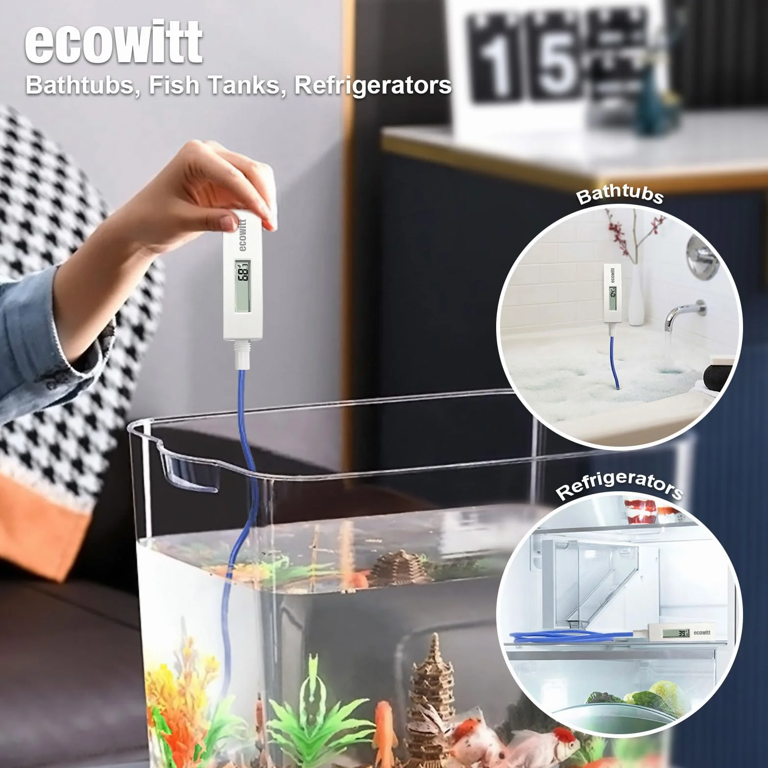 ECOWITT WN34D Domowy termometr basenowy, cyfrowy czujnik temperatury wody z wyświetlaczem LCD, wodoodporny, czujnik kablowy 3,28 stopy do basenów, wanien z hydromasażem