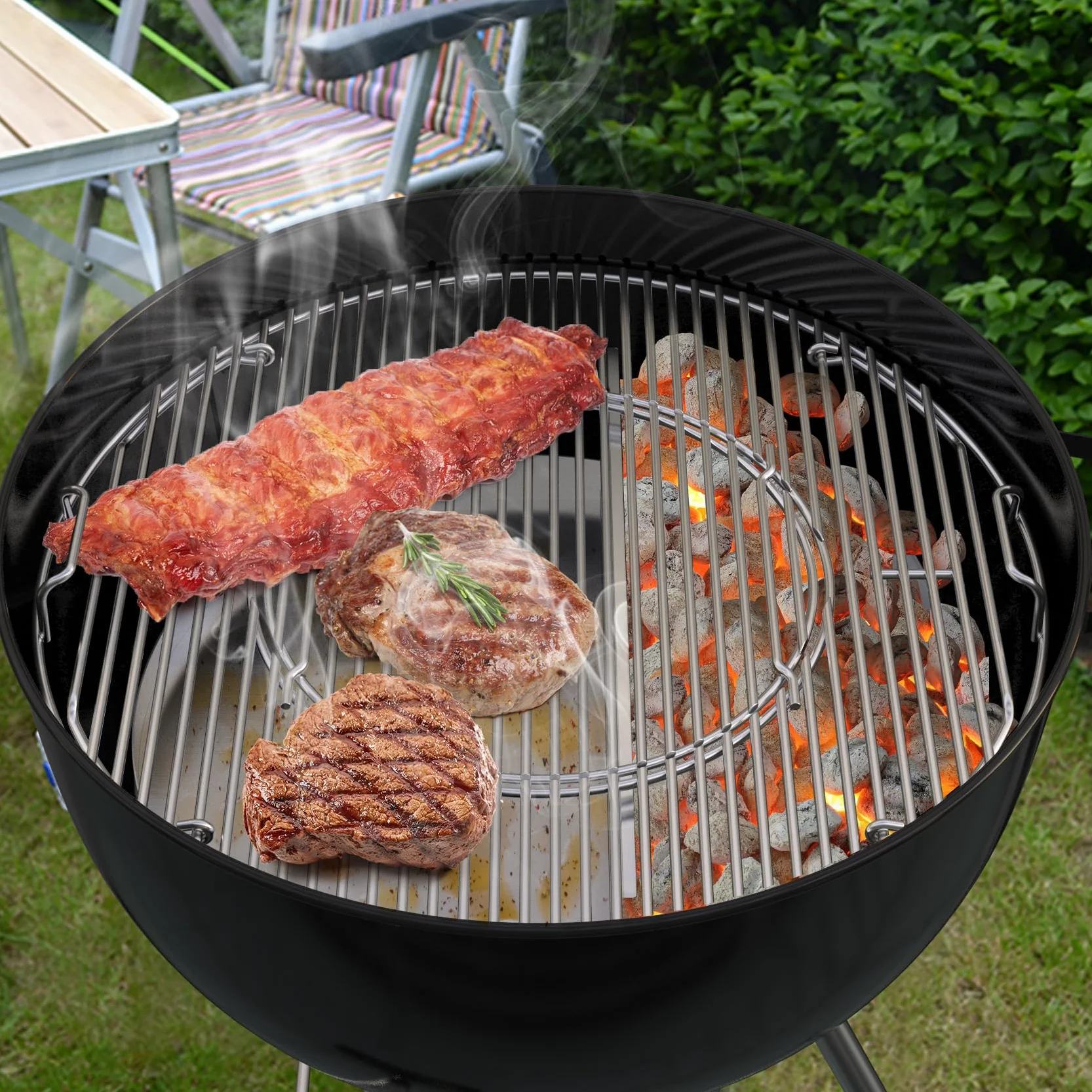 Onlyfire Półokrągłe tacki ociekowe z wyjmowaną przegrodą na węgiel drzewny, tacki ociekowe do grilli kociołkowych Weber 57 cm, tacki do grilla ze stali nierdzewnej, tacka ociekowa na tłuszcz