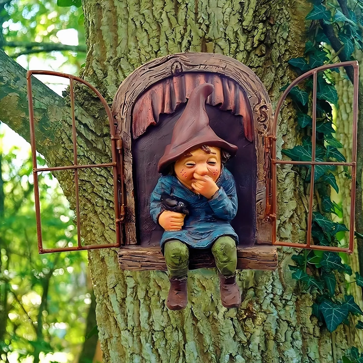 Elf Out The Door Tree Hugger, figurka krasnala z żywicy, wiszące krasnale ogrodowe, dekoracja na taras, trawnik (kobiety)