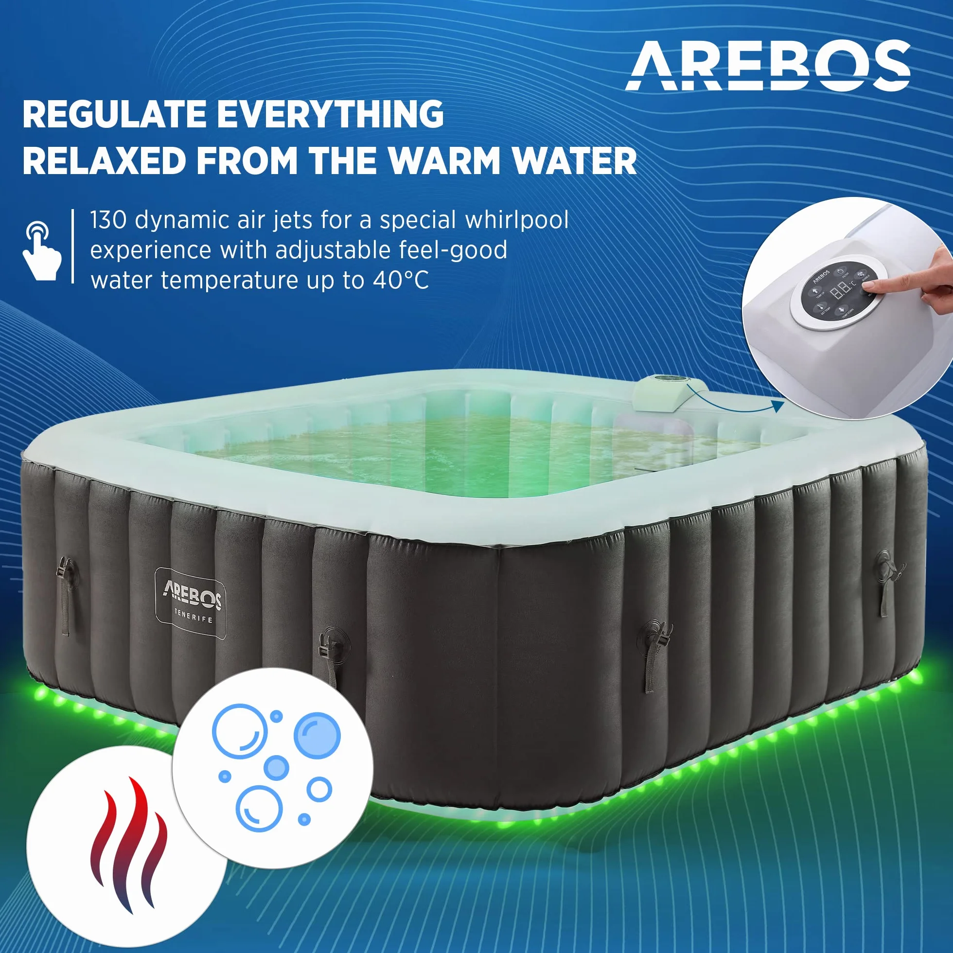Arebos Nadmuchiwane Spa | Automatyczny nadmuchiwany | Wnętrze i zewnętrze | 185x185cm | 6 osób | Listwa świetlna LED | 130 dysz masujących | 910 L | z pokrywką | Masaż Bubble Spa i Wellness