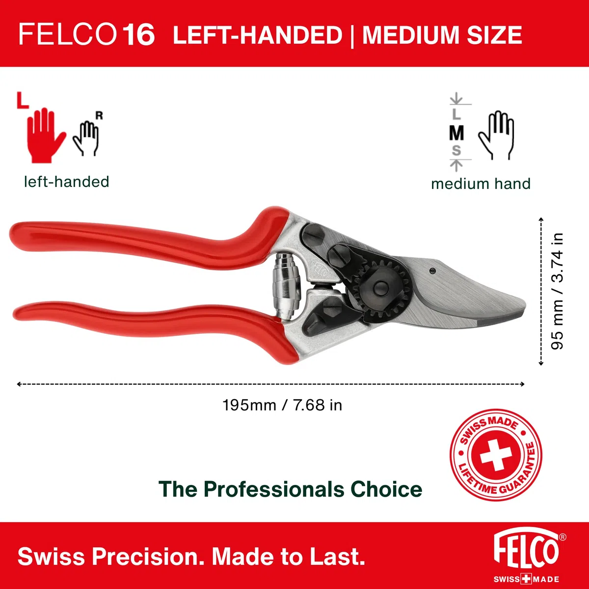 FELCO 16 Sekator kowadełkowy bypass dla leworęcznych, średnia dłoń, ostrze 42 mm ze stali hartowanej, aluminiowe kute uchwyty, precyzyjne cięcie do 20 mm, ergonomia szwajcarska