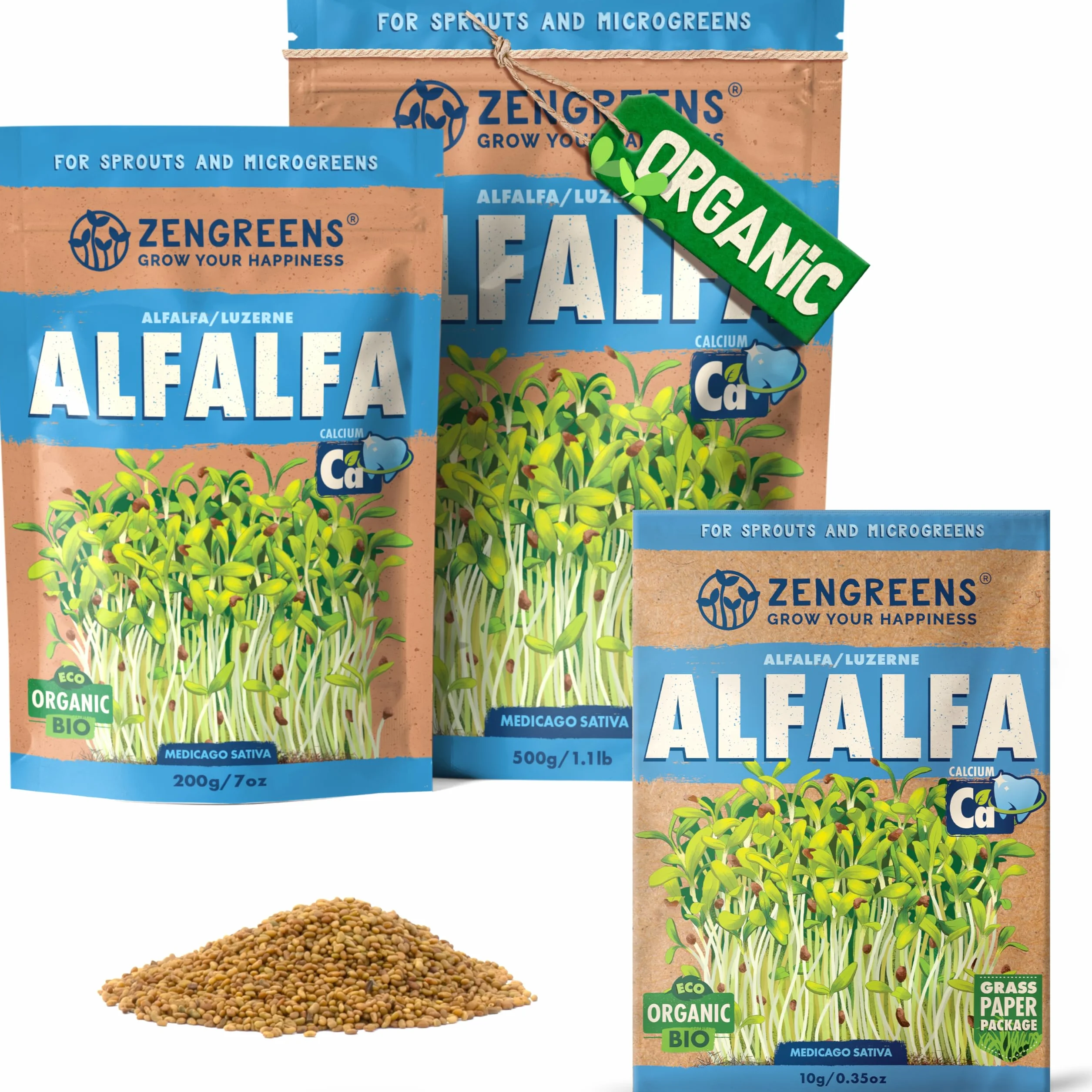 ZenGreens® - Organiczne nasiona lucerny - Wybierz pomiędzy 10, 200 g i 500 - nasiona lucerny o zdolności kiełkowania ponad 97% - nasiona lucerny kiełki