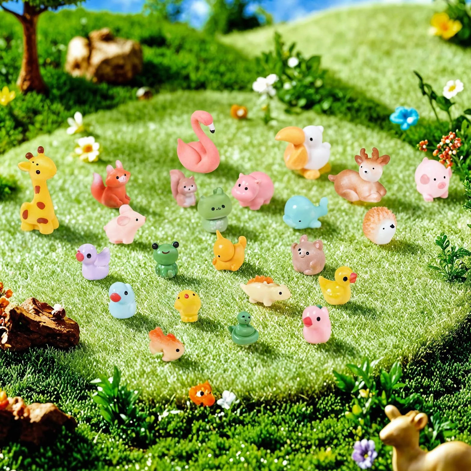 XREE 50 sztuk mini figurek zwierząt z żywicy, małe zwierzęta, wielokolorowe figurki z żywicy syntetycznej, mini kaczki, koty, świnie, łabędzie, do ogrodu wróżek, miniaturowych krajobrazów, domku dla