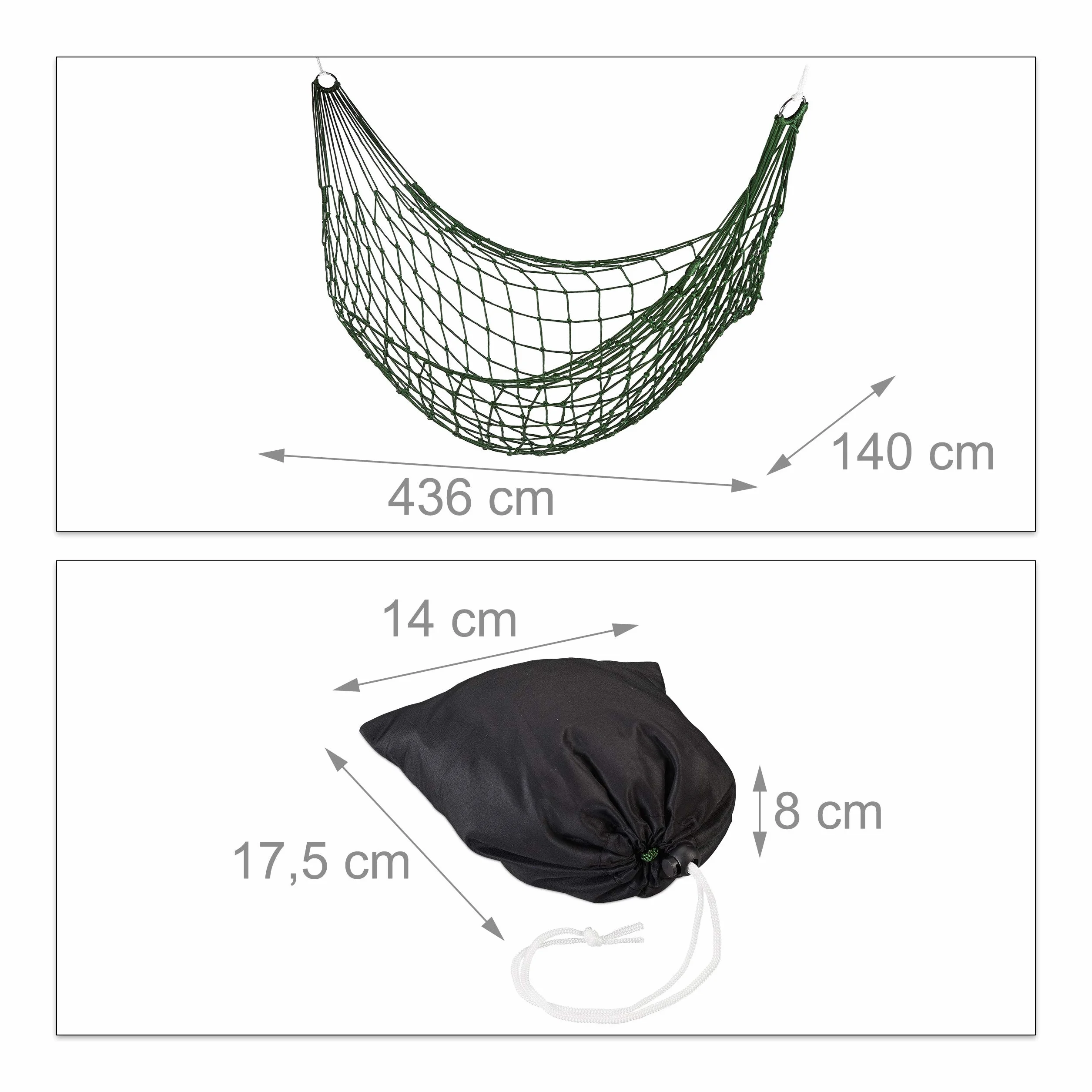 Relaxdays Net Hammock, hamak ogrodowy dla 1 osoby, kempingowy, lekki, do użytku wewnątrz i na zewnątrz, do przechowywania, ciemnozielony