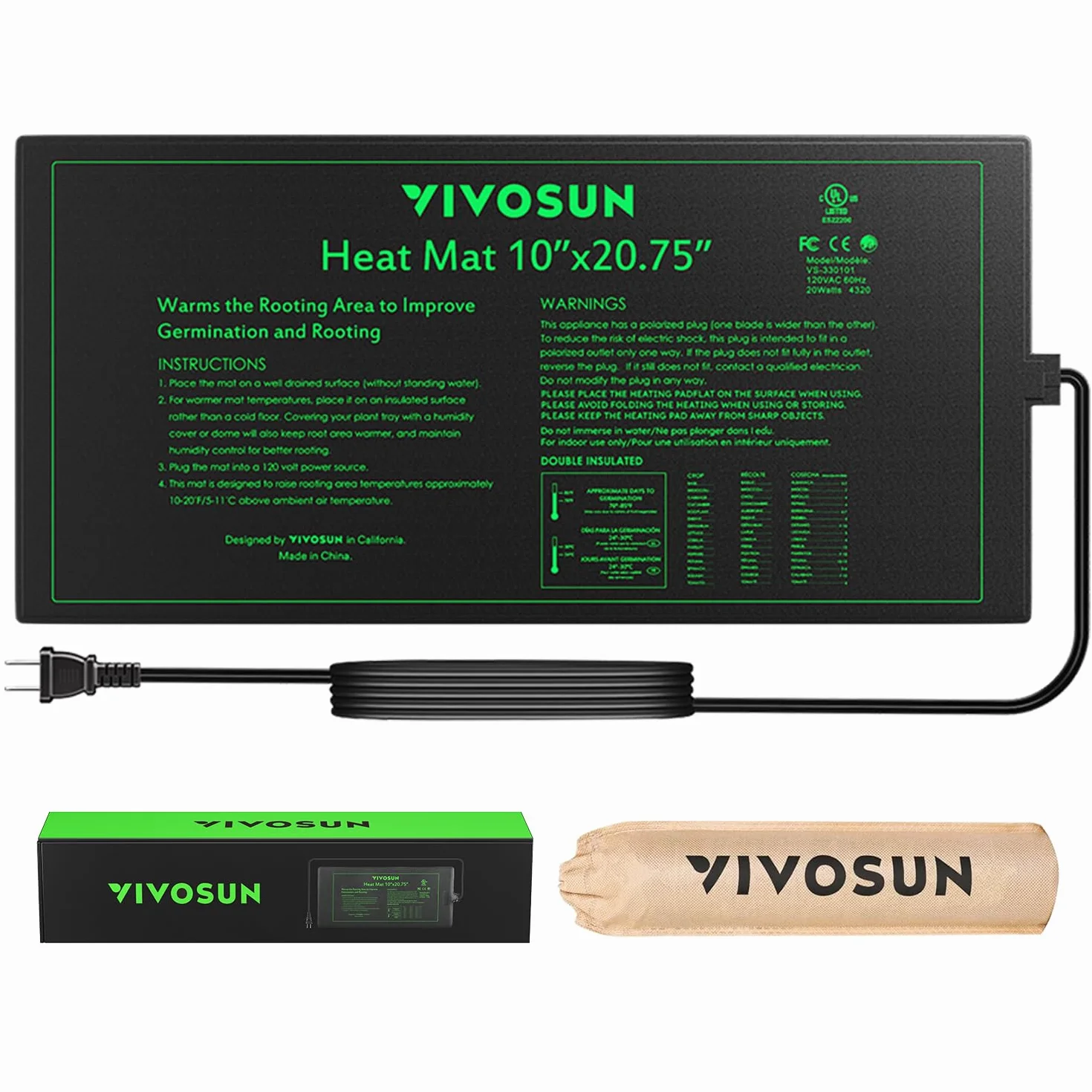 VIVOSUN Trwała wodoodporna mata grzewcza do sadzonek 25 cm x 52,7 cm z certyfikatem UL i MET ciepła hydroponiczna podkładka grzewcza do kiełkowania, ogrodnictwa w pomieszczeniach, szklarni