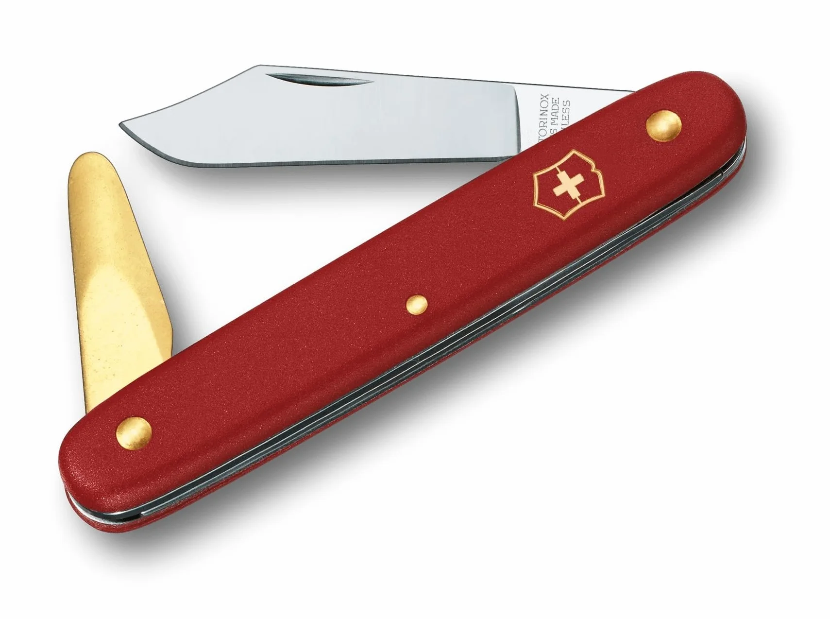 Victorinox Gartenmesser Okuliermesser für Gartenarbeiten, Rostfreie Spitze Klinge, 50 mm, Messing-Rindenlöser, Rot