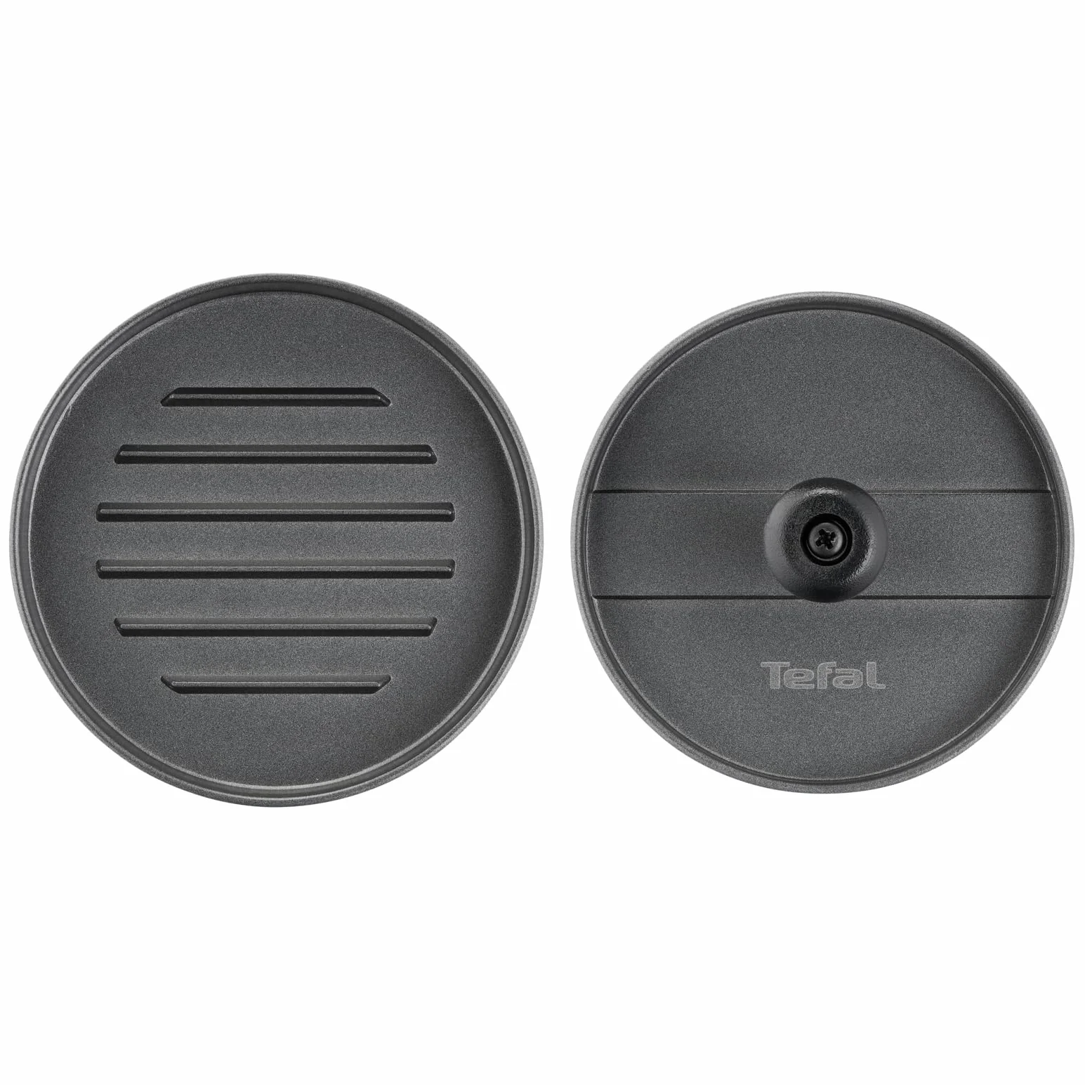 Tefal K18511 Prasa do hamburgerów, 12 cm, do doskonałych burgerów mięsnych, rybnych i warzywnych, nadaje się do mycia w zmywarce, powłoka nieprzywierająca, akcesoria do grilla, czarna/szara