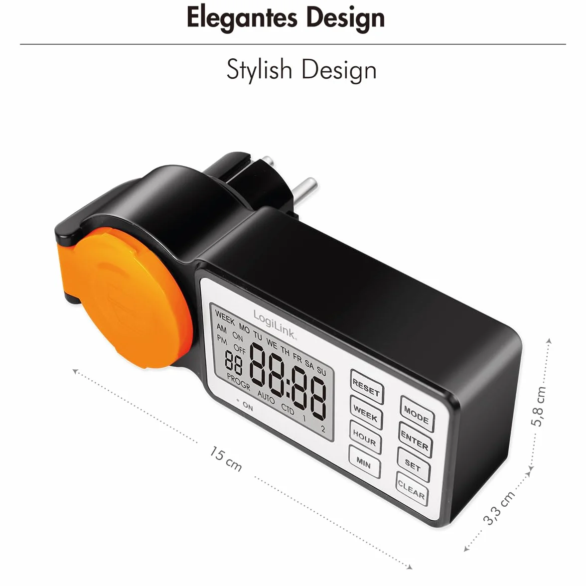 LogiLink ET0016 – zewnętrzny programator czasowy z 12 programami i timerem, wyświetlacz 2,2", klasa ochrony IP44, 3600 W