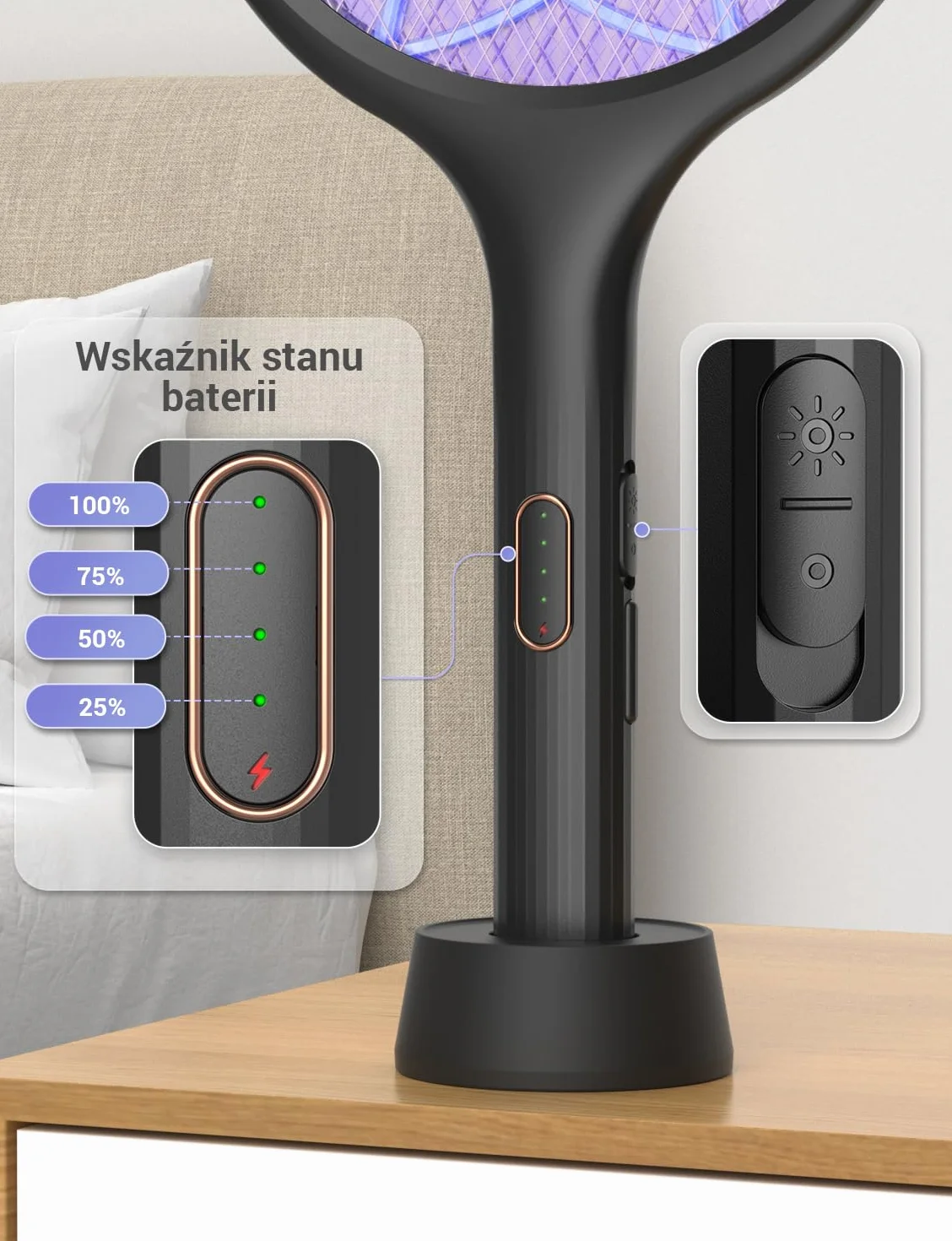 YISSVIC Elektryczna łapka na komary 4000 V 2 w 1 USB C Akumulatorowa UV Czarny 2 szt.