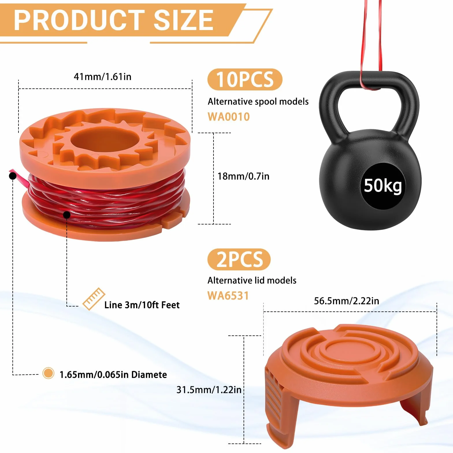 Gucass Zestaw 12 zapasowych szpul z żyłką do podkaszarki, kompatybilny ze wszystkimi podkaszarkami Worx 20 V, średnica 1,65 mm, 3 m, zawiera 10 opakowań żyłki do podkaszarki i 2 opakowania zaślepek