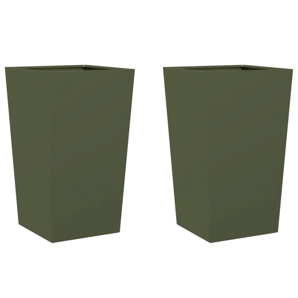 Donice ogrodowe 2 sztuki oliwkowa zieleń 45x45x75 cm stal ocynkowana na zewnątrz duże pojemniki na rośliny kwiaty warzywa z dnem montaż balkon patio taras