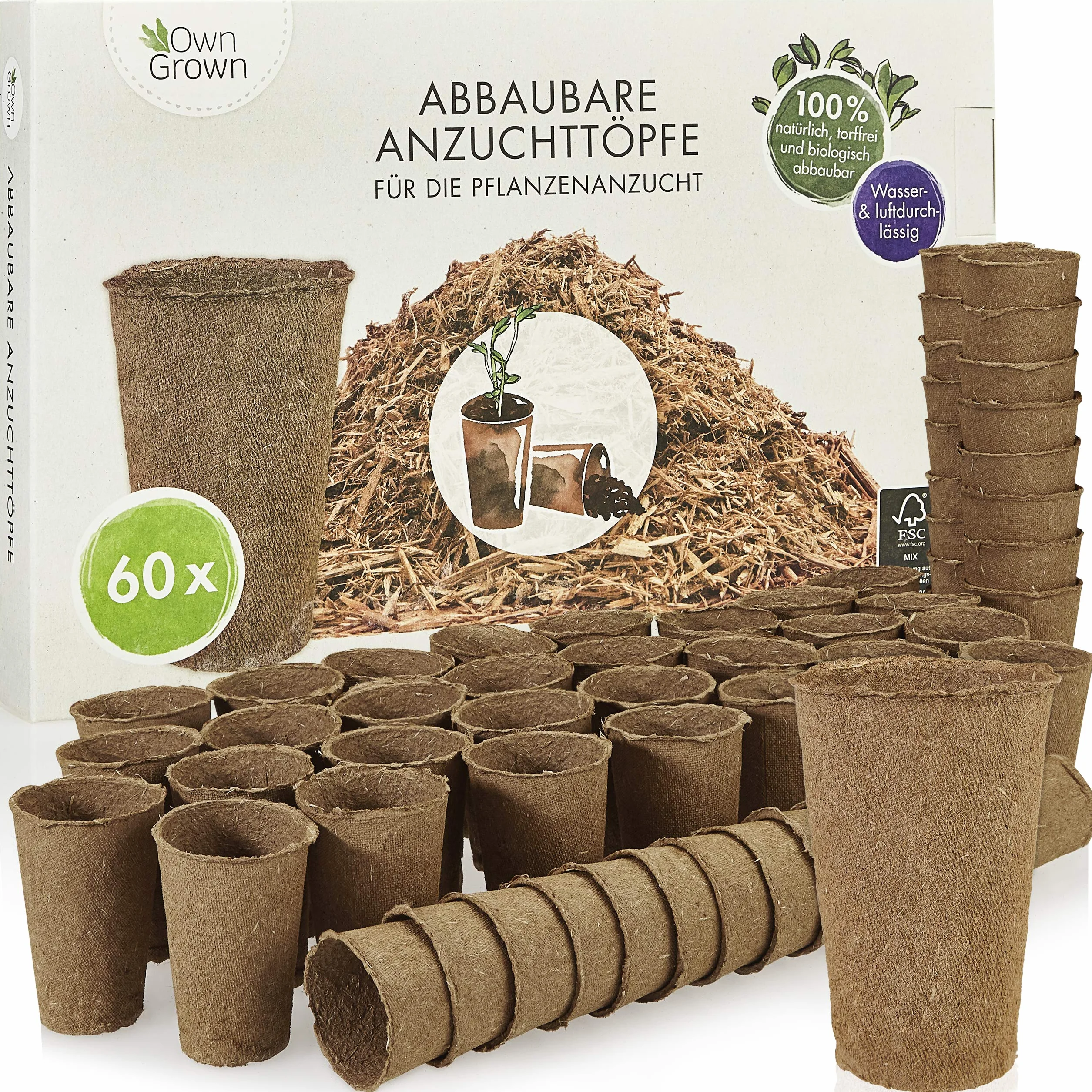 OwnGrown Donice do uprawy: 60 doniczek premium z włókien drzewnych – biodegradowalne – doniczki okrągłe do uprawy roślin – bez torfu, bez pikowania