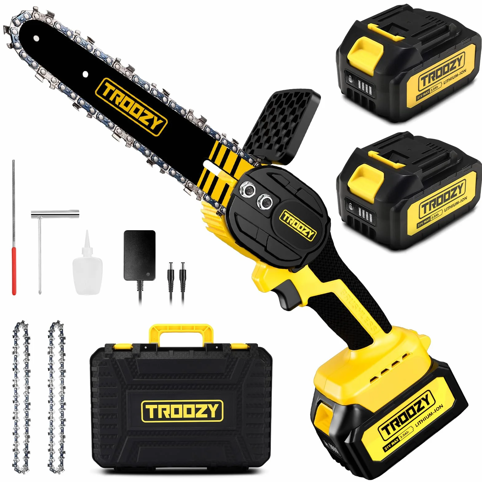 Akumulatorowa piła łańcuchowa mini 21V 15cm 6000mAh bezszczotkowa 2 akumulatory 3000mAh