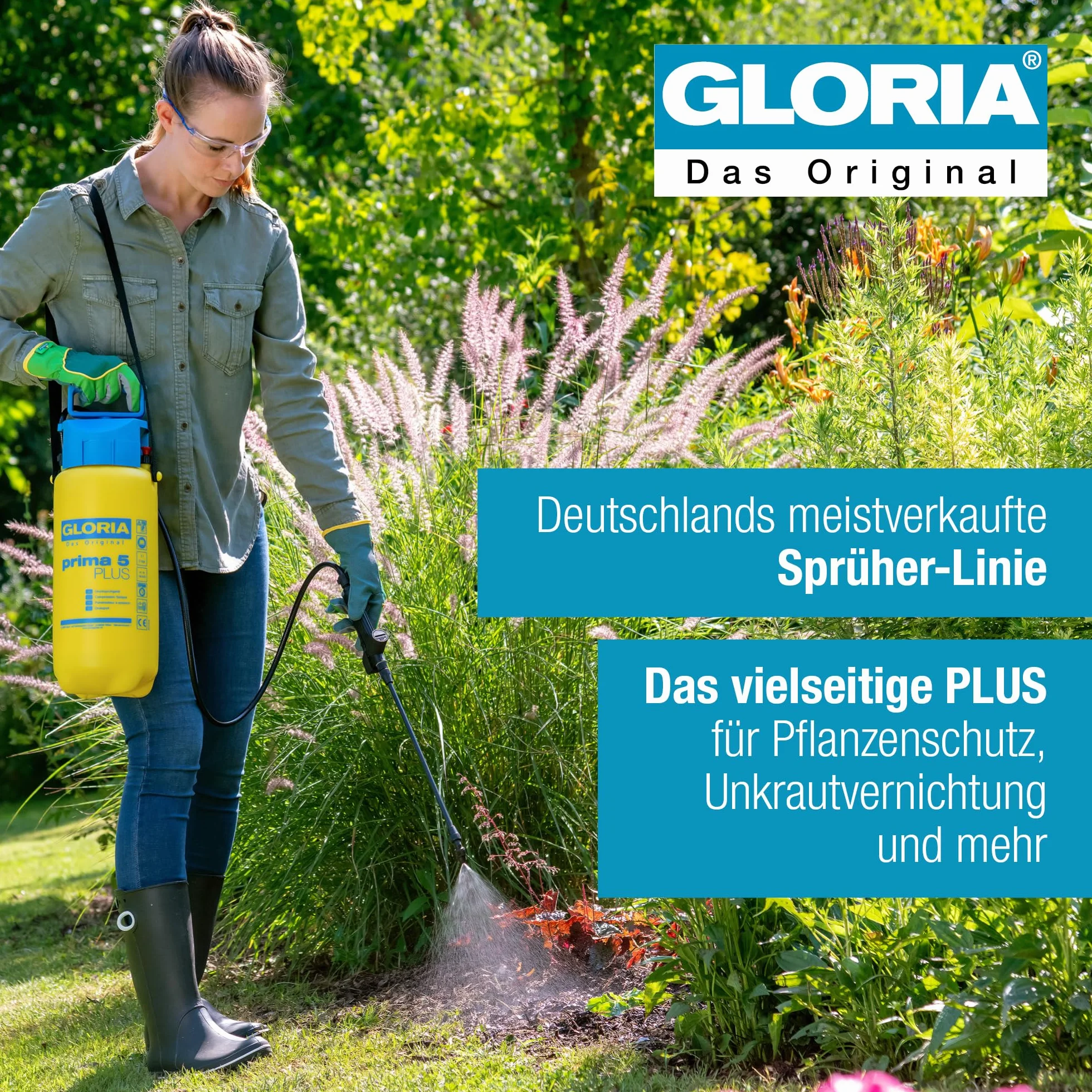 GLORIA Prima 5 PLUS Opryskiwacz ciśnieniowy, ogrodowy, do natryskiwania środków kwasowych, kwasoodporność, pojemność napełniania 5 l,lanca przedłużająca 0,4 m