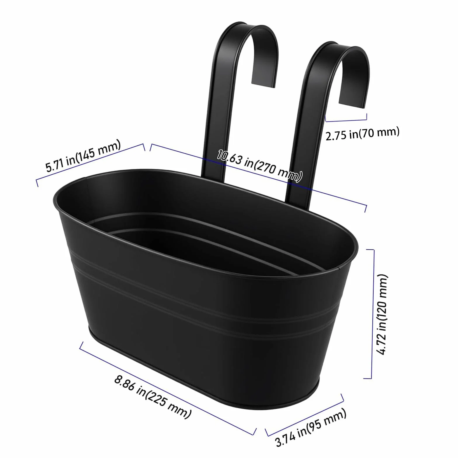 Wiszące doniczki metalowe czarne 27 x 14,5 x 12 cm z haczykiem